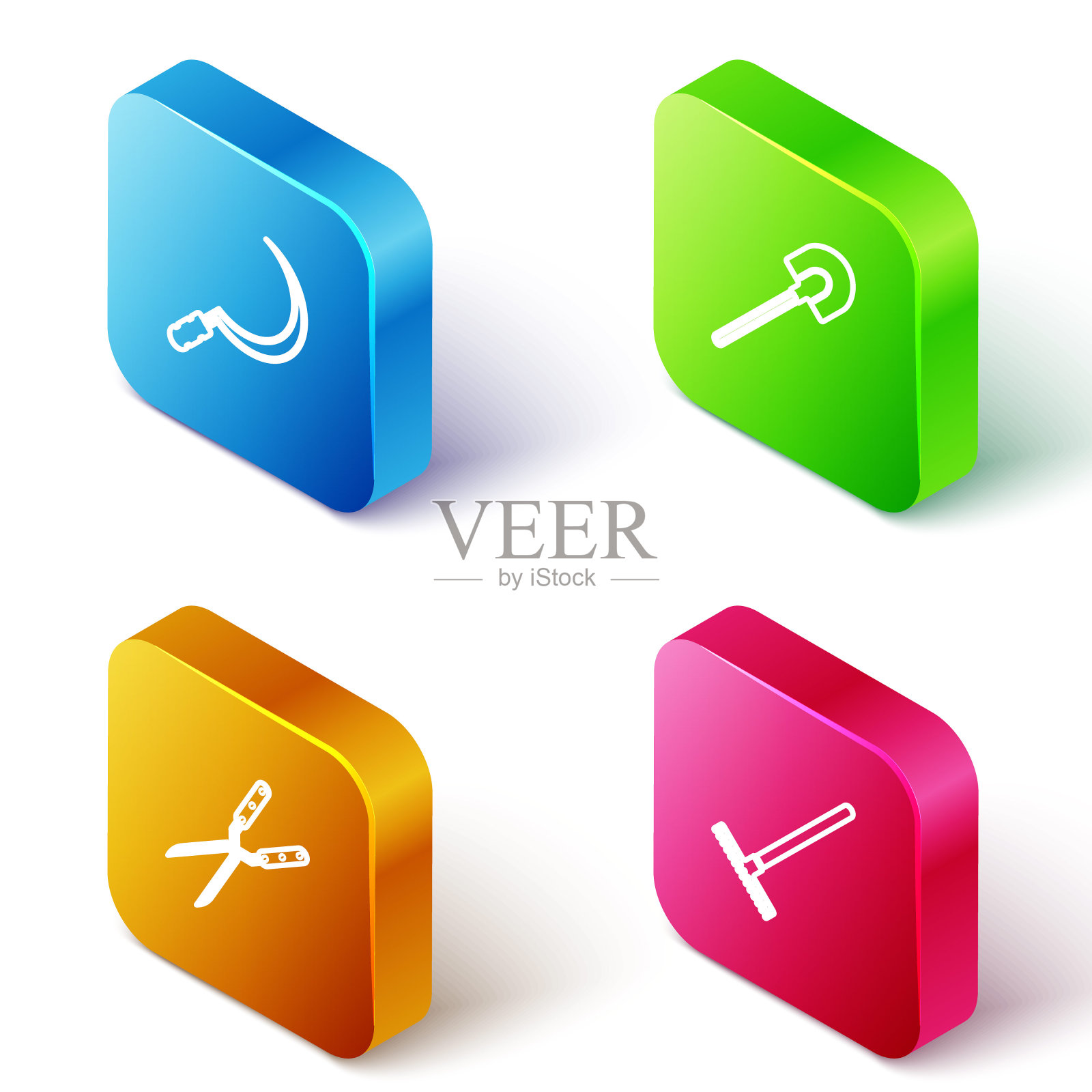 设置等距线镰刀，花园铲，园艺手工剪刀和耙图标。向量图标素材