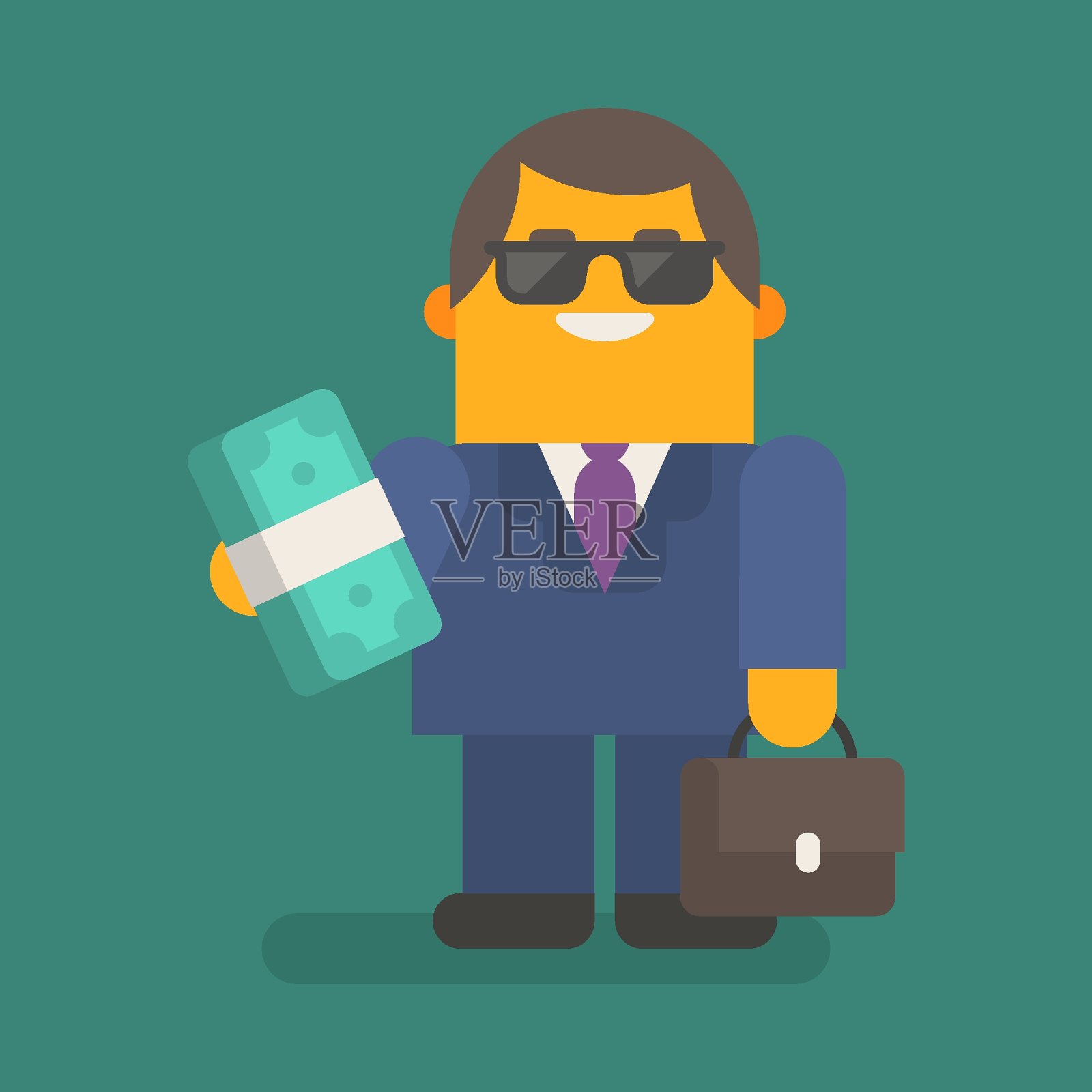 戴墨镜的商人手里拿着一叠钱和手提箱。矢量字符插画图片素材