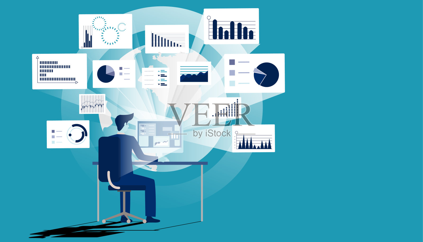 商人的想法概念插图矢量，办公室工作，社会网络技术，地球，图表，图形，为成功，设置图标。插画图片素材