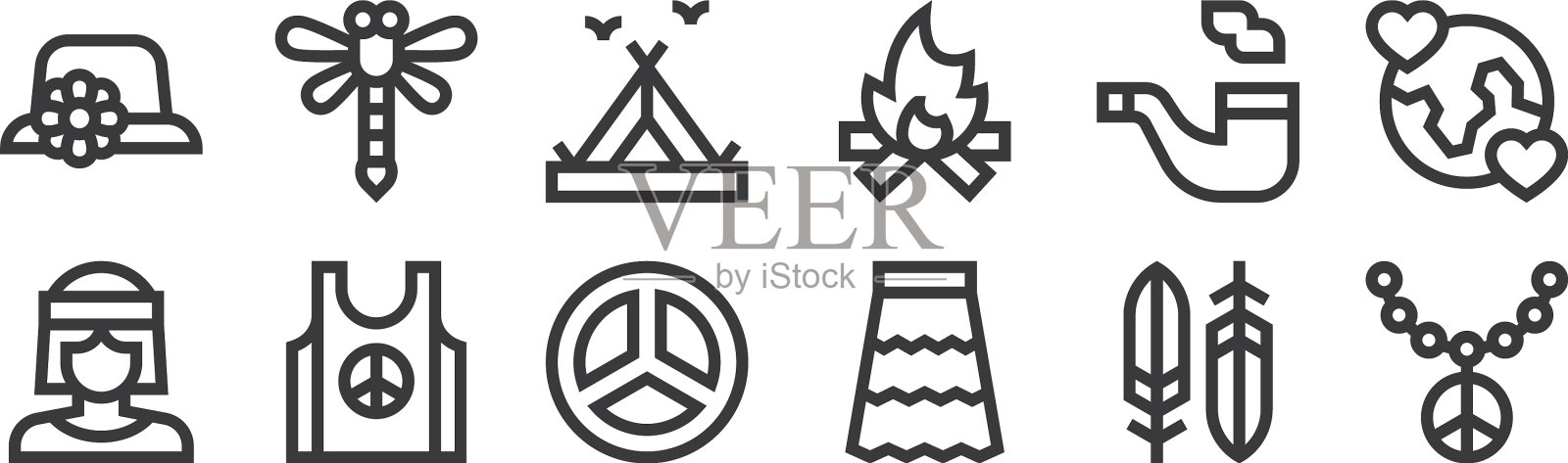 12集线性嬉皮士图标瘦轮廓图标图标素材