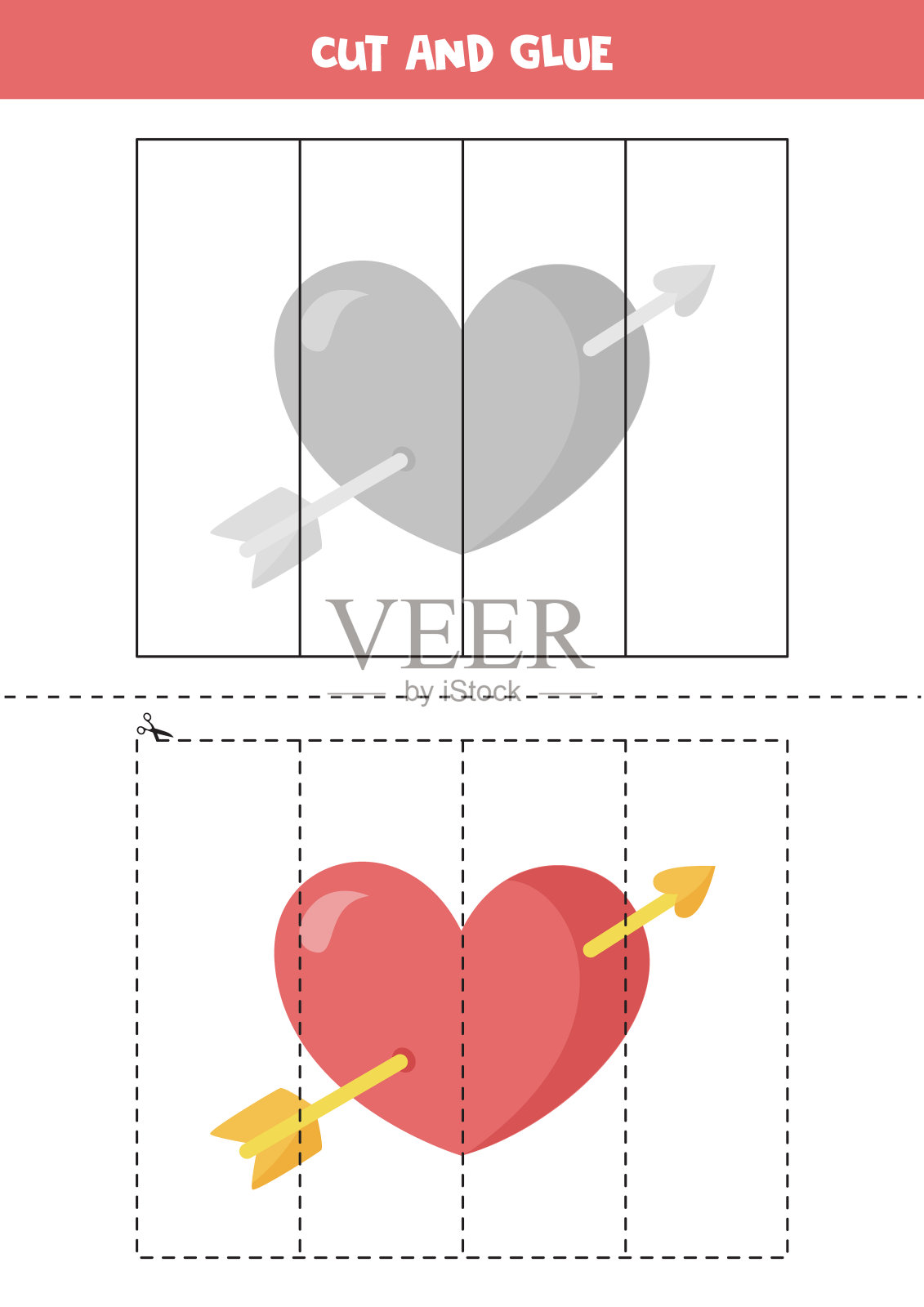 剪和胶水游戏的孩子。可爱的卡通心。设计模板素材