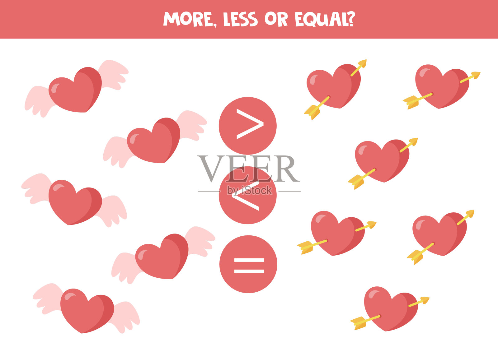 多一点，少一点，和情人节可爱的心相等。数学游戏。插画图片素材