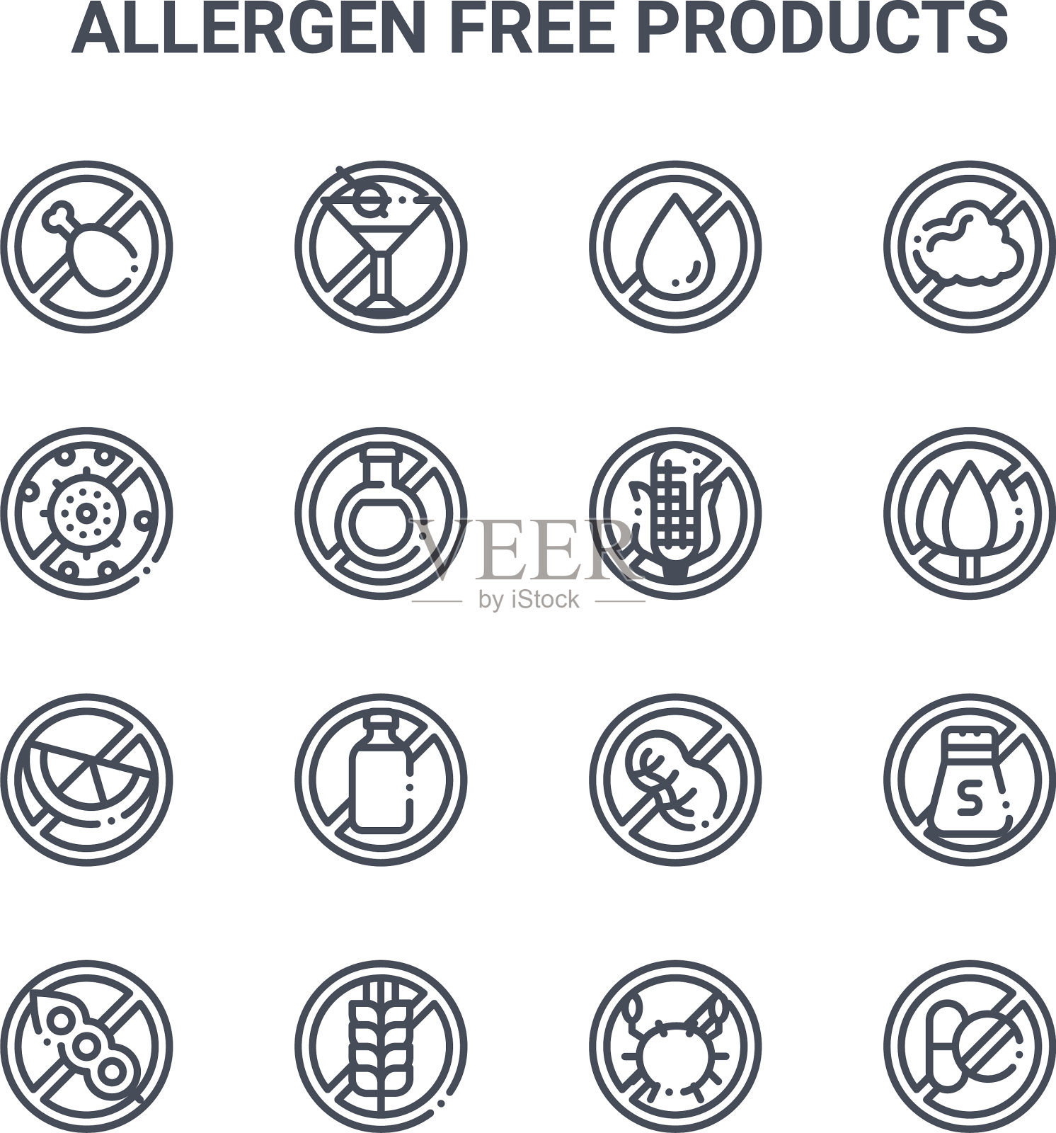 设定16个无过敏原产品概念线图标素材