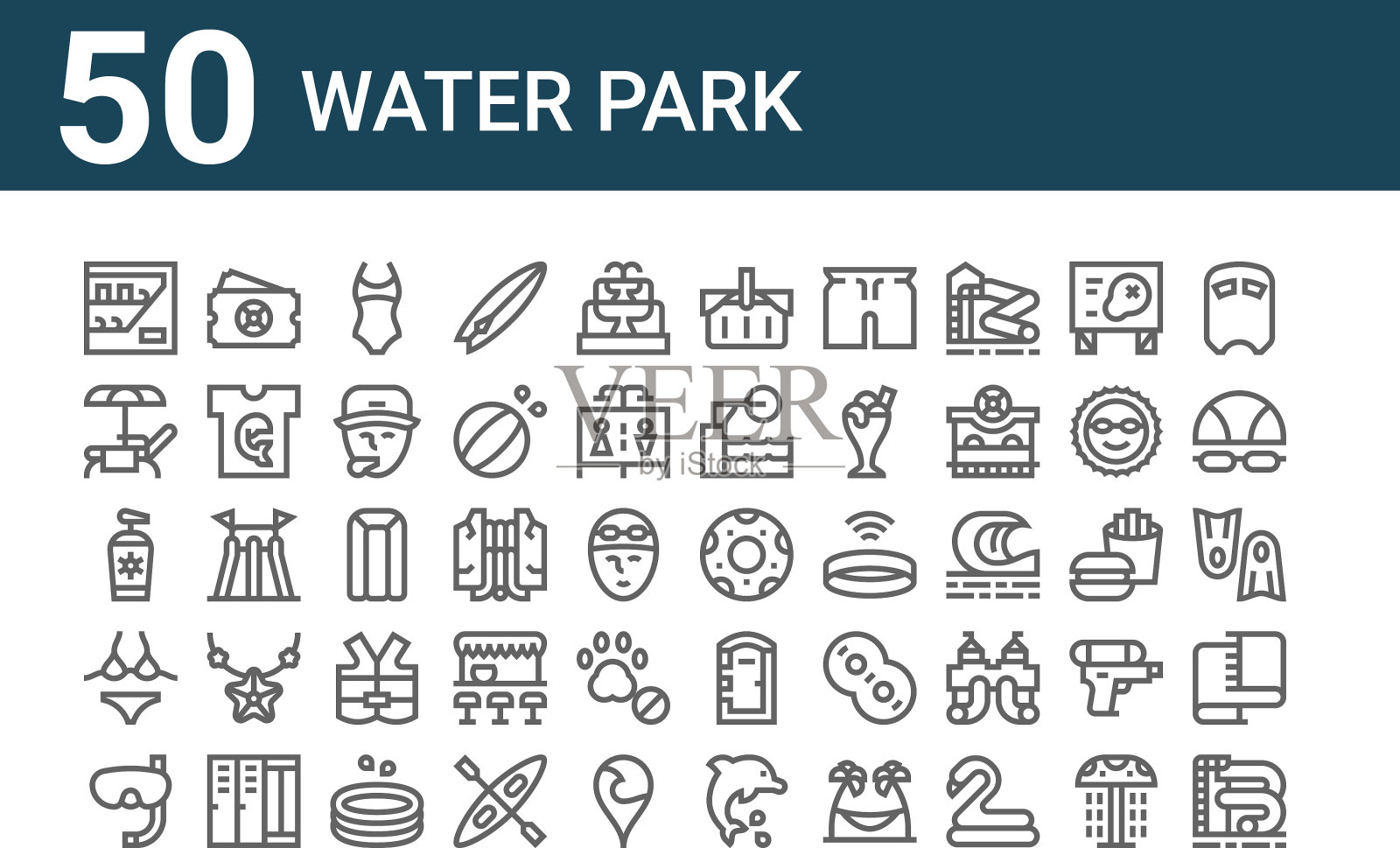 设置50个水上乐园图标轮廓细线图标素材