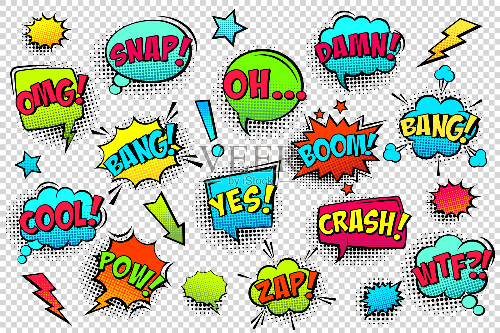 漫画色彩的讲话气泡与半色调阴影和文本短语。情感的声音表达。手绘复古卡通贴纸。波普艺术风格。矢量图设计元素图片