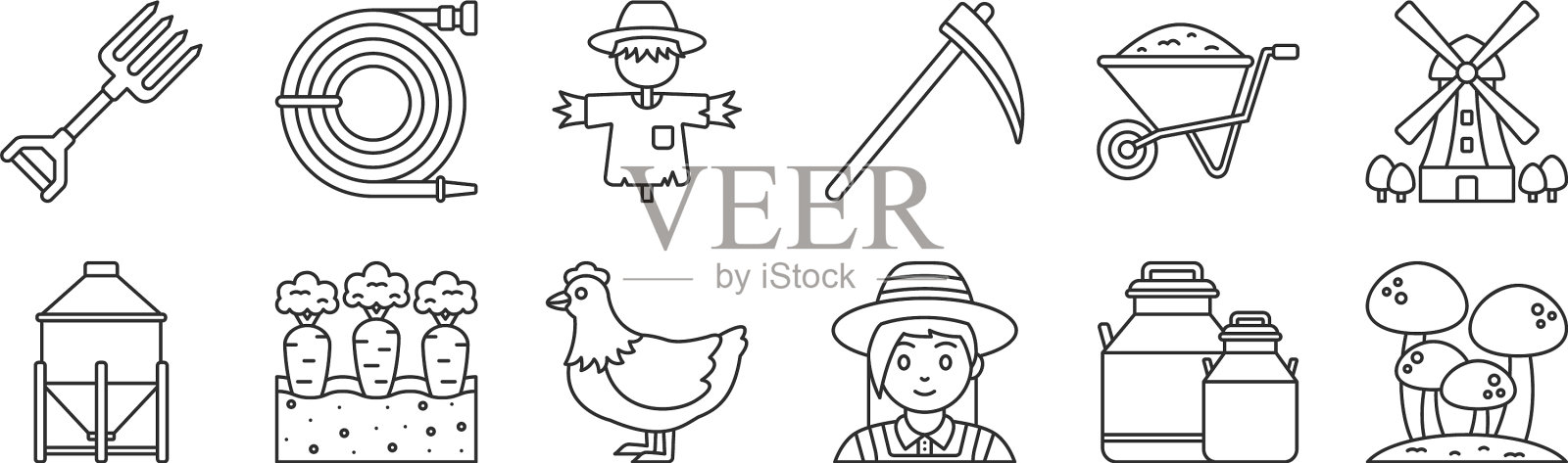 设置12个细轮廓图标，如蘑菇图标素材