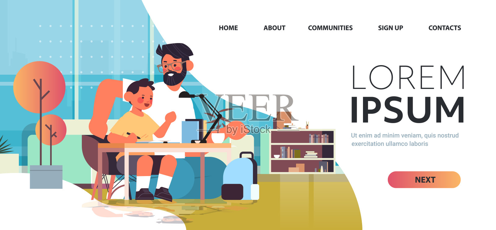 年轻的父亲帮助儿子做作业父母父亲友好的家庭概念客厅室内插画图片素材