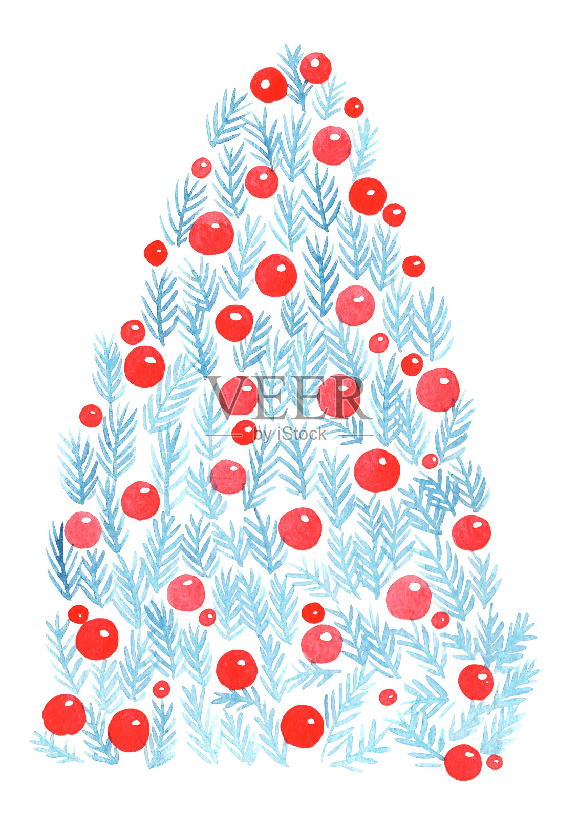 松树叶和红球圣诞树水彩手工装饰圣诞节日活动。插画图片素材