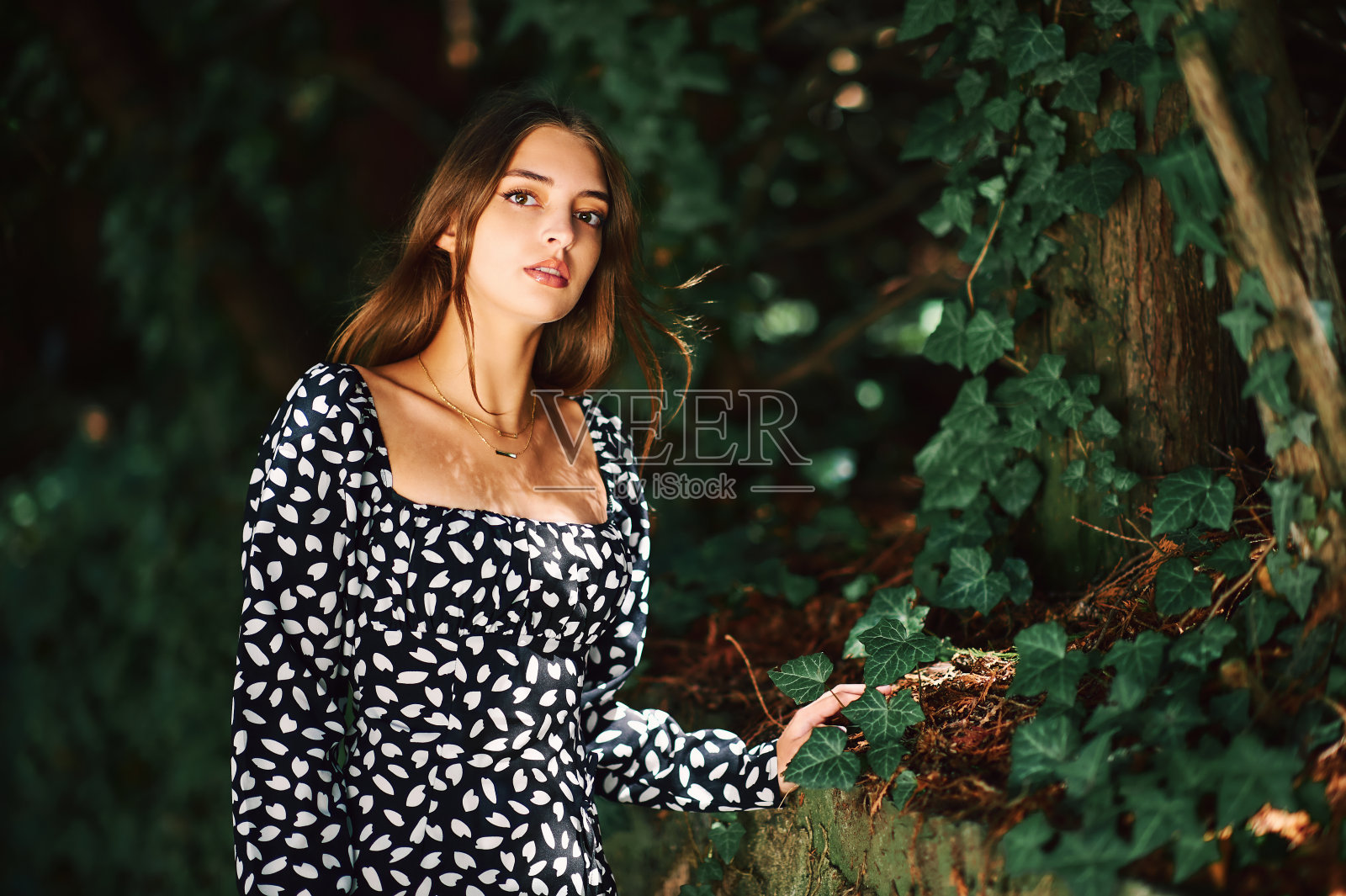 时尚的肖像年轻女子摆姿势在美丽的森林，穿着黑色和白色的连衣裙照片摄影图片