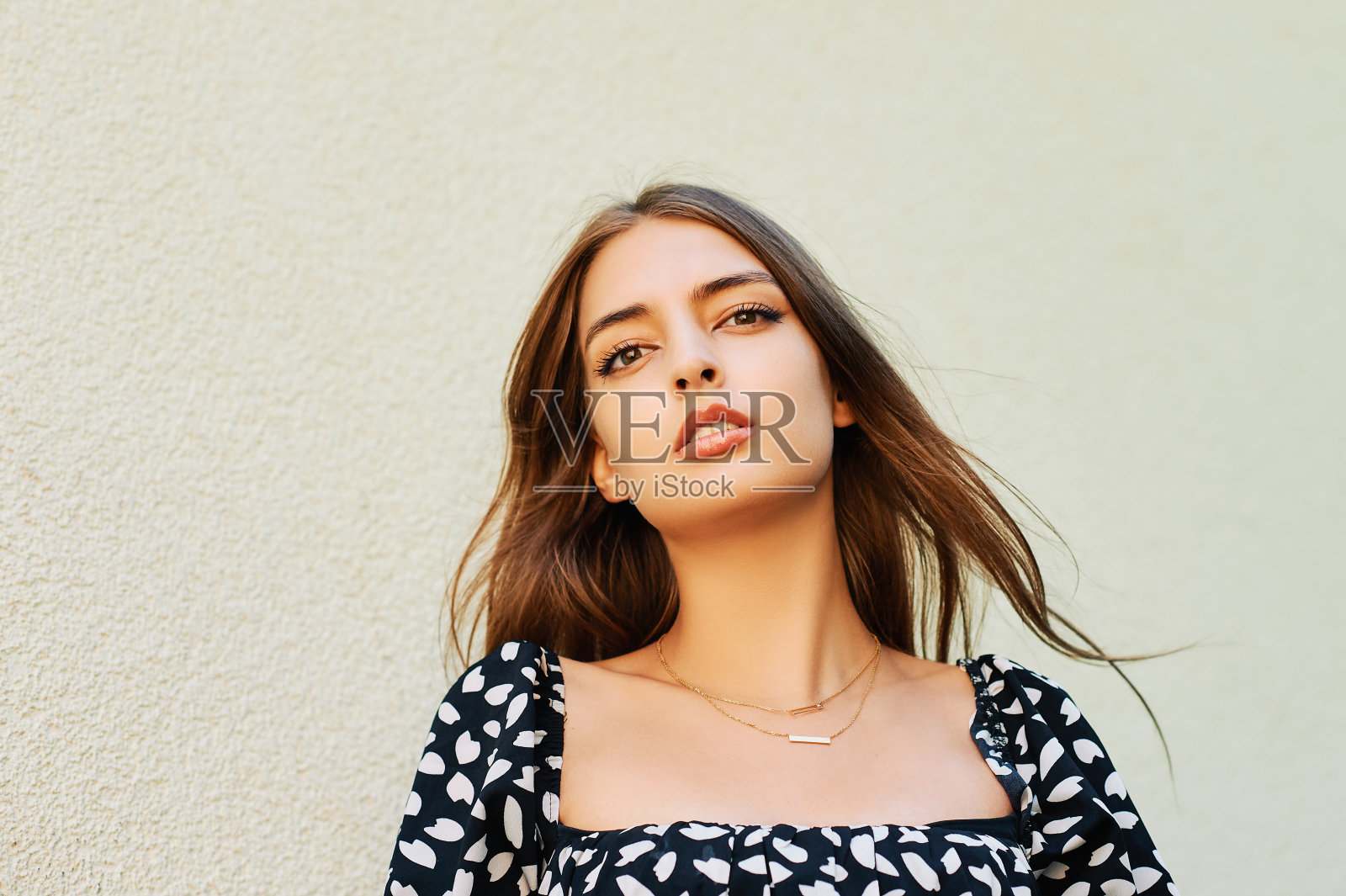 时尚肖像美丽的年轻女子，穿着黑白相间的连衣裙照片摄影图片