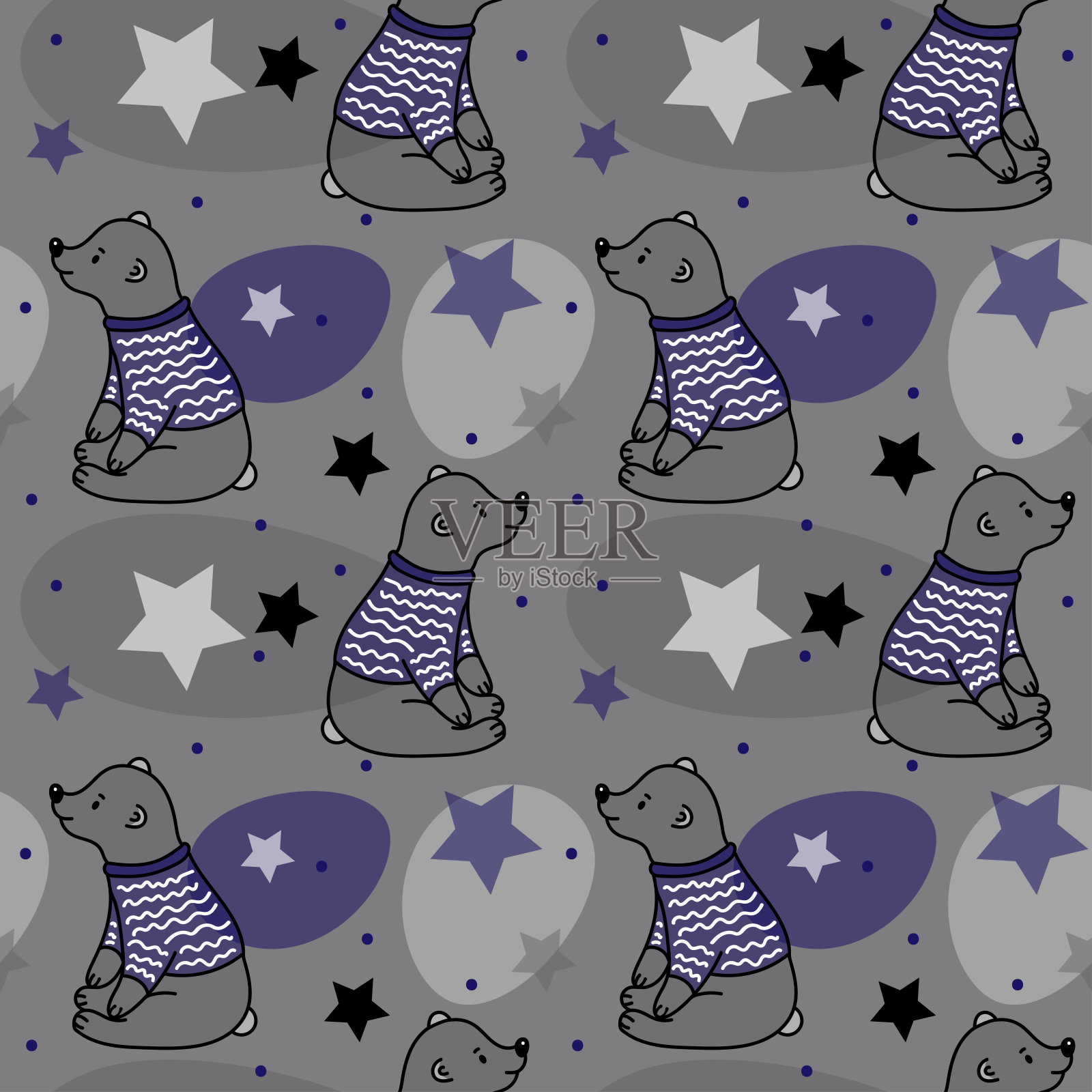 黑色背景上星星点点的小北极熊，矢量儿童图案插画图片素材