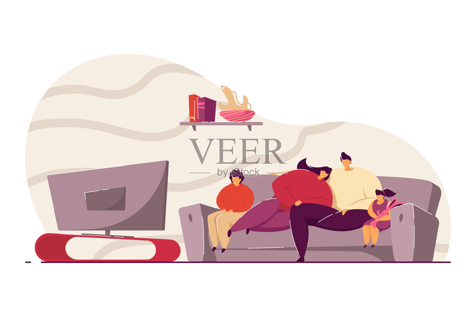 有孩子在沙发上放松看电视的家庭插画图片素材