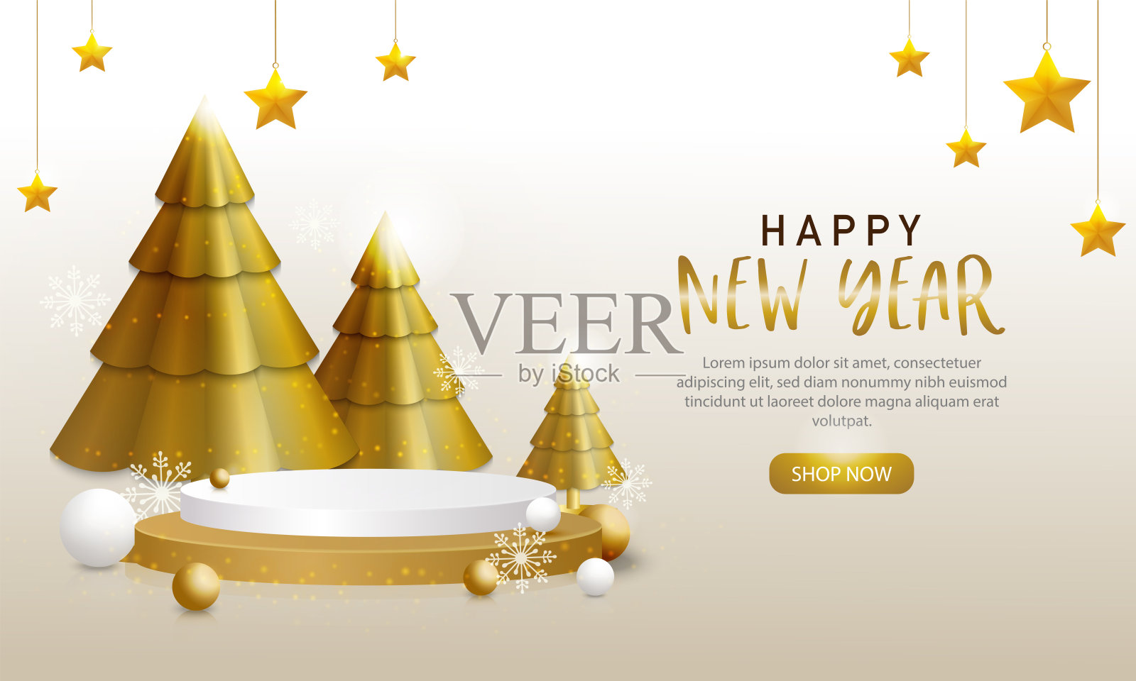 2021年新年快乐模板，金色和白色装饰圣诞树和模拟场景为您的产品插画图片素材