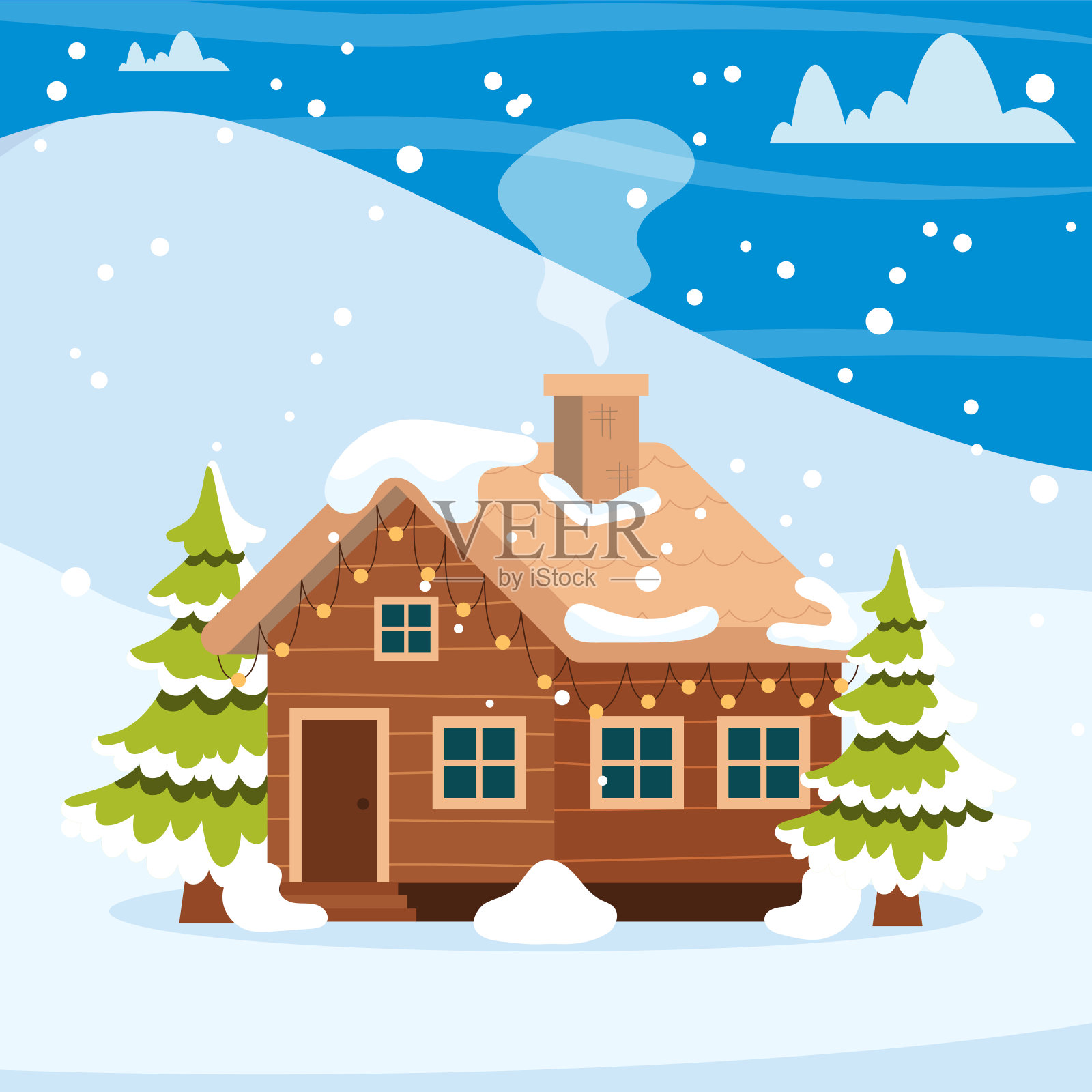 卡通冬季景观场景与木屋，松树和雪山。设计元素图片