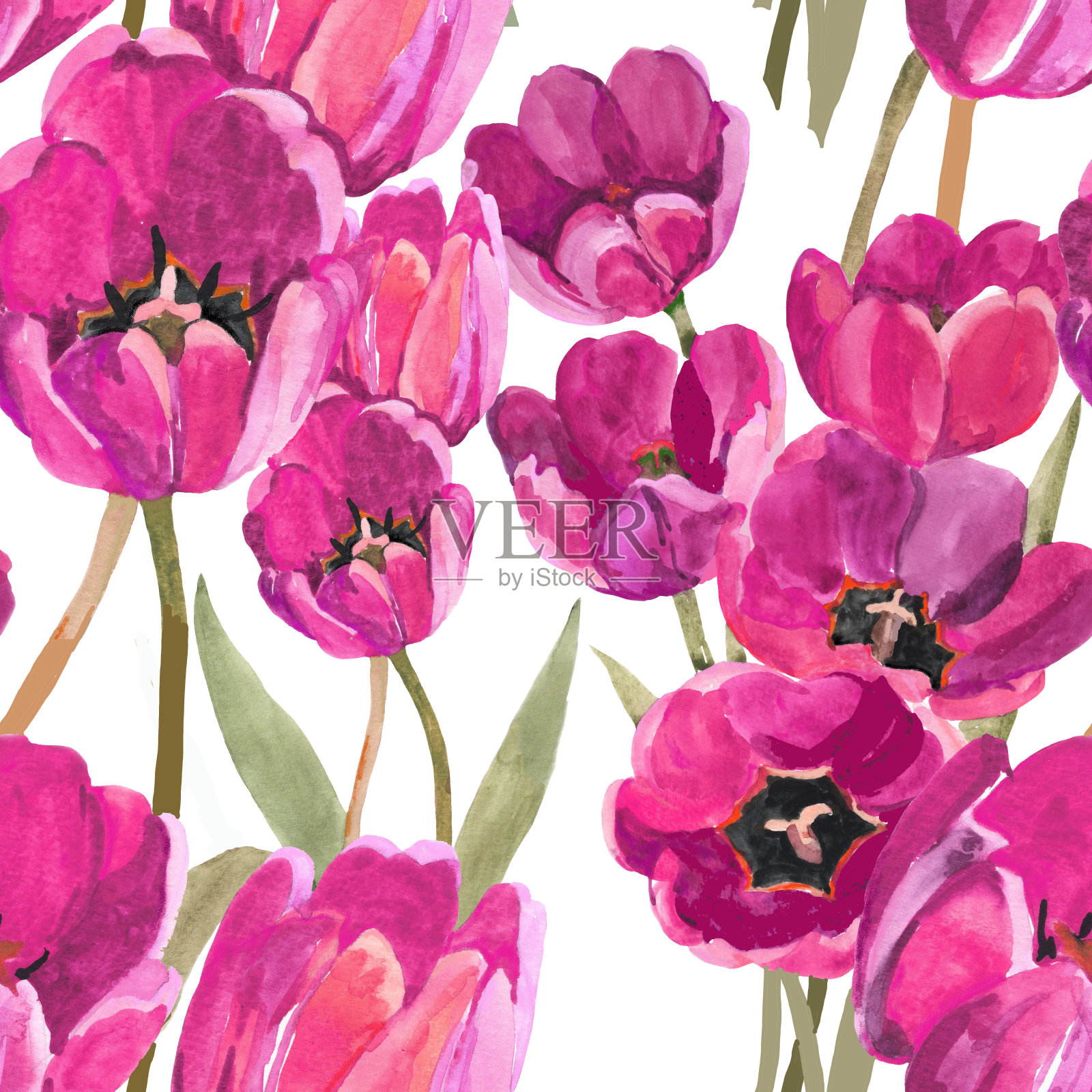 水彩粉红郁金香无缝图案。插画图片素材