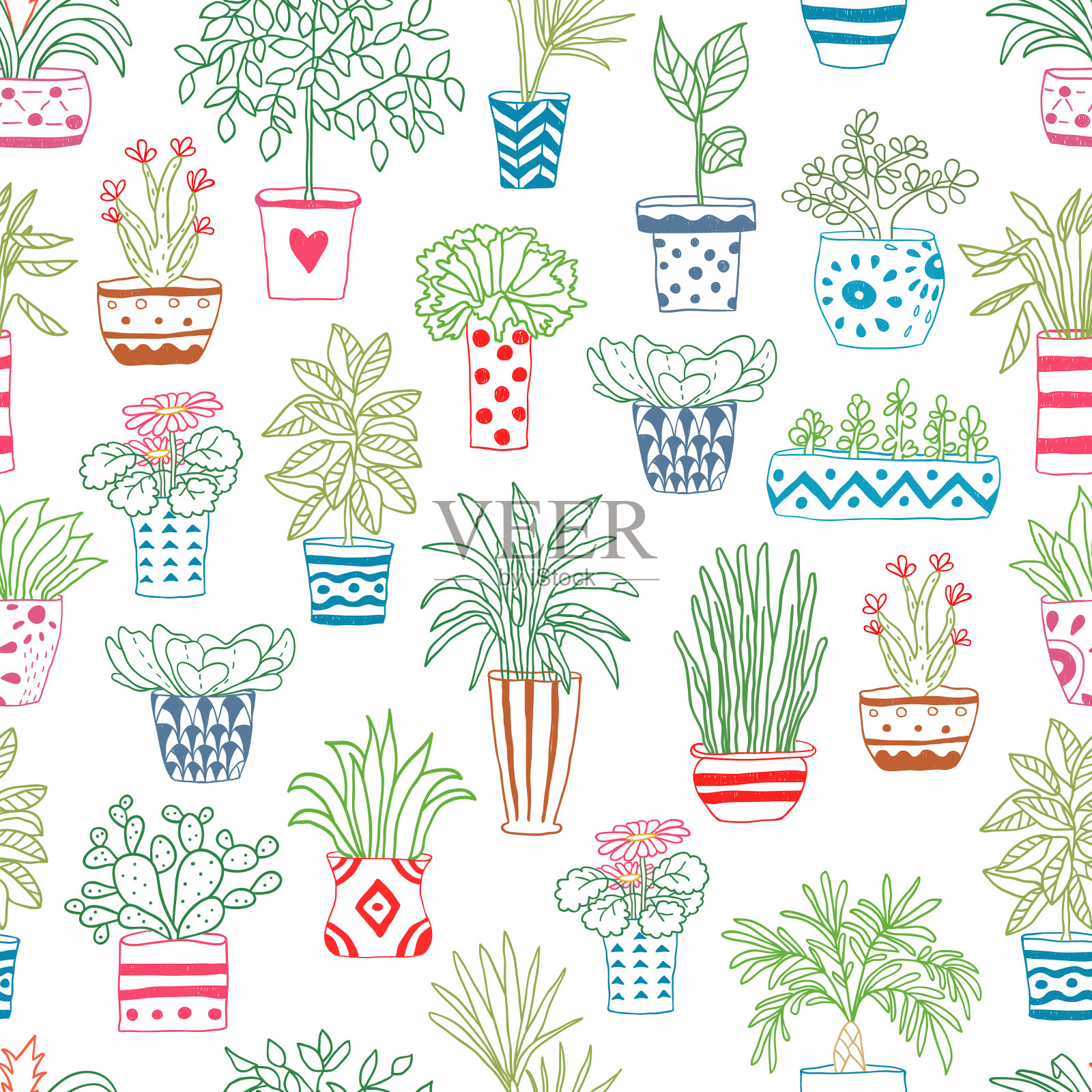 线条无缝涂鸦彩色的家庭植物图案在白色的背景插画图片素材