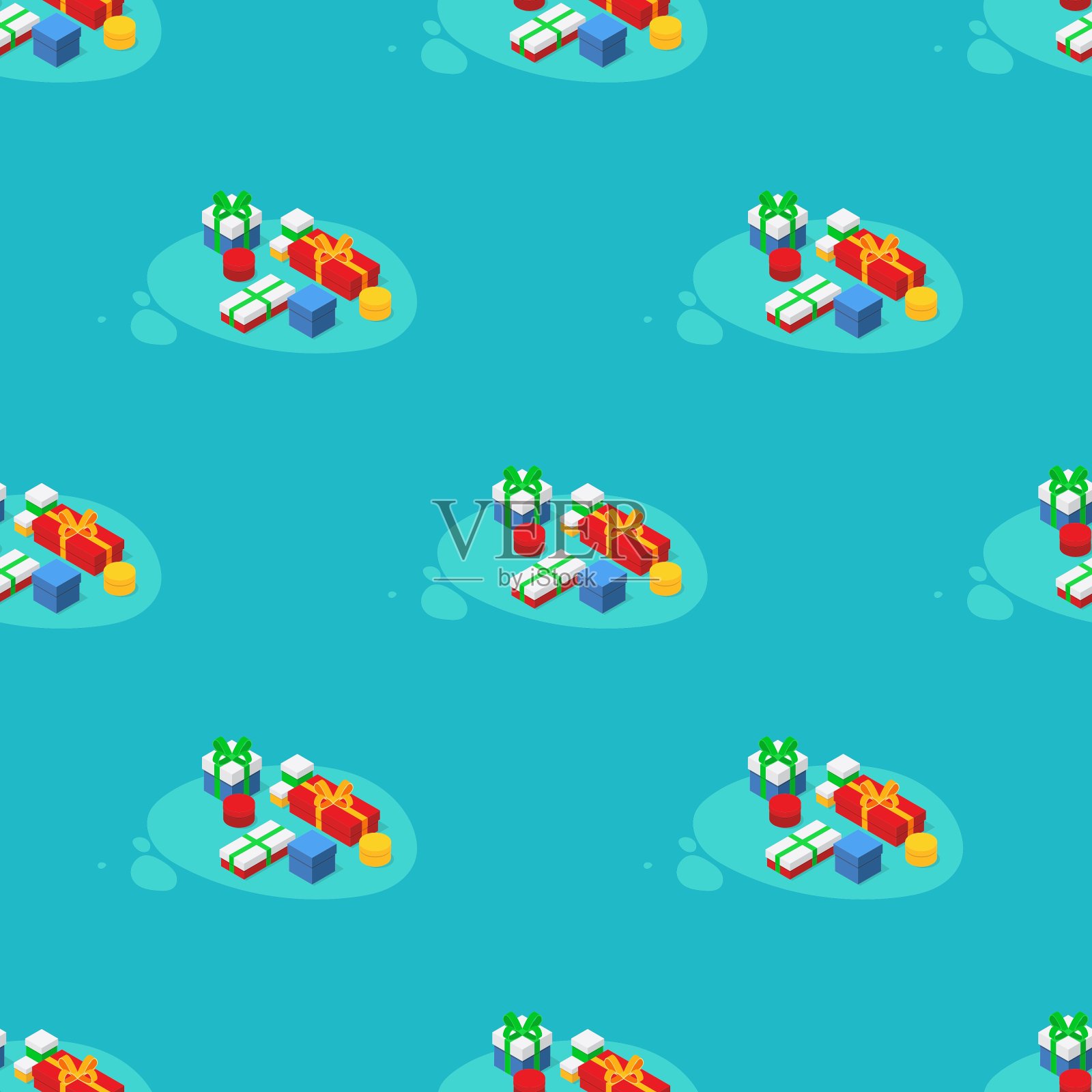等距矢量无缝模式与彩色礼盒在蓝色背景。目前盒与蝴蝶结彩带标记3D等距无缝模式在平面卡通风格。插画图片素材