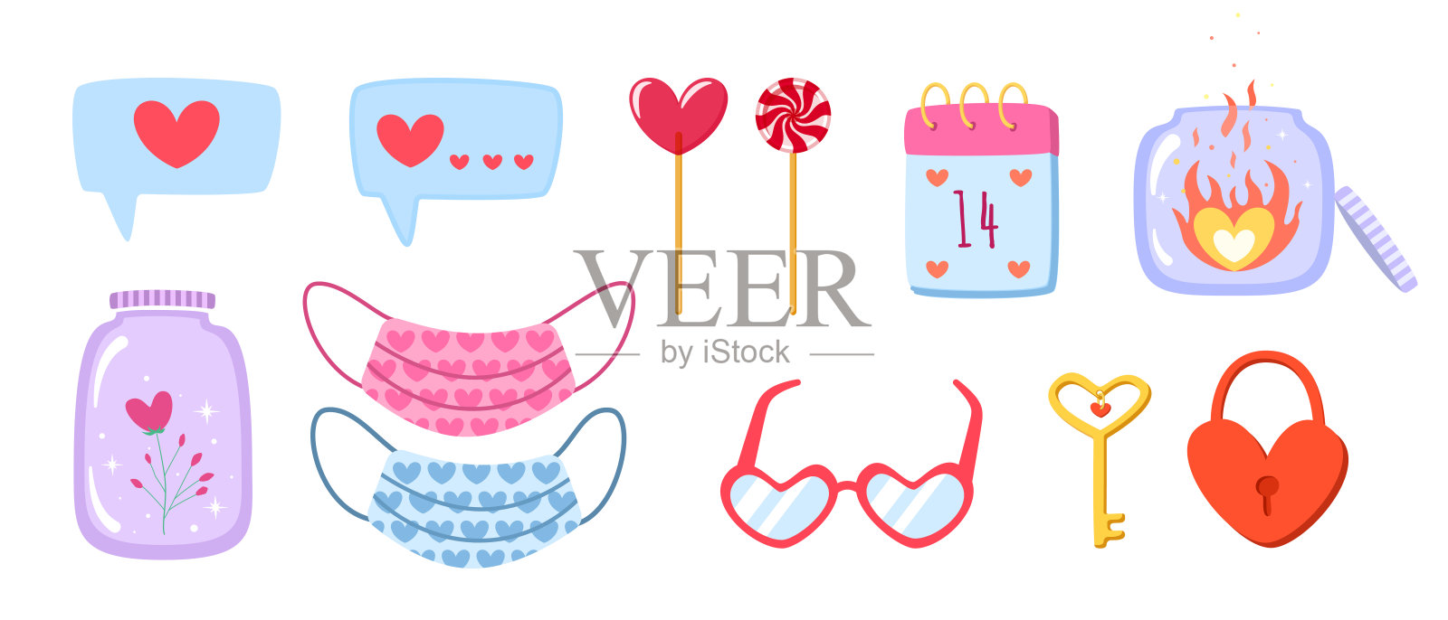 情人节与卡通风格中的爱情元素隔绝。手画浪漫的心形涂鸦，面具，棒棒糖，眼镜，日历，钥匙和锁。美丽的矢量图设计元素图片