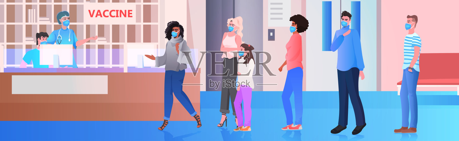 混合种族患者排队接种冠状病毒疫苗注射抗击COVID-19插画图片素材