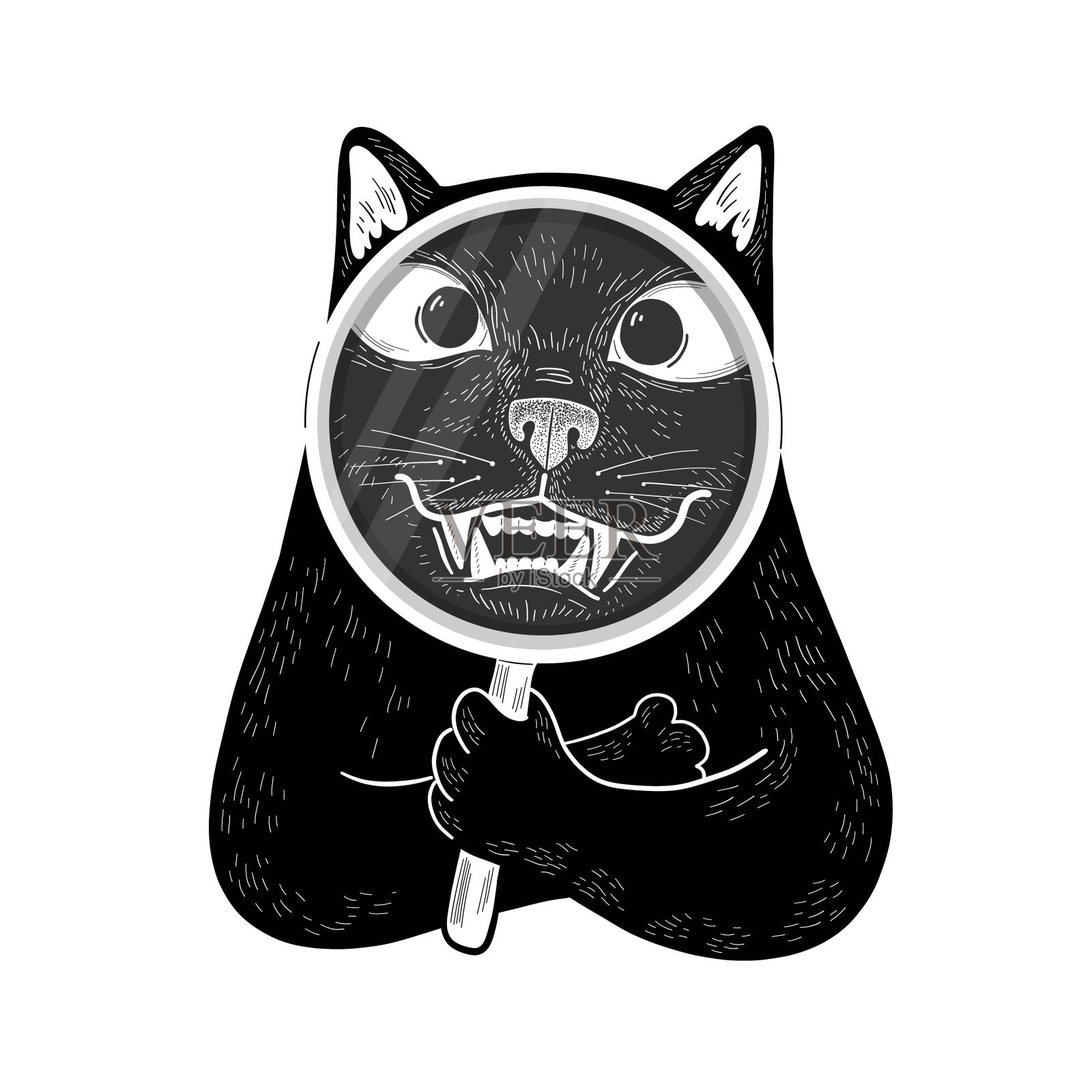 向量黑猫与放大镜。有趣的猫露出它的牙齿。涂鸦插图海报，卡片，明信片，印刷，设计插画图片素材