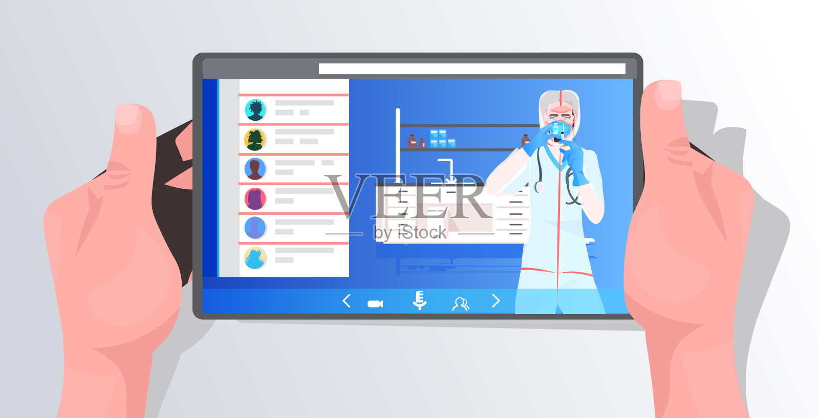 女医生在口罩和防护服工作与试管平板屏幕疫苗的发展插画图片素材