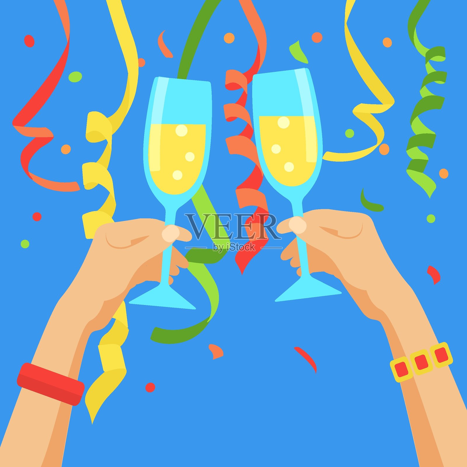 庆祝和节日插图，双手用香槟敬酒;五彩纸屑和彩带。向量插画图片素材
