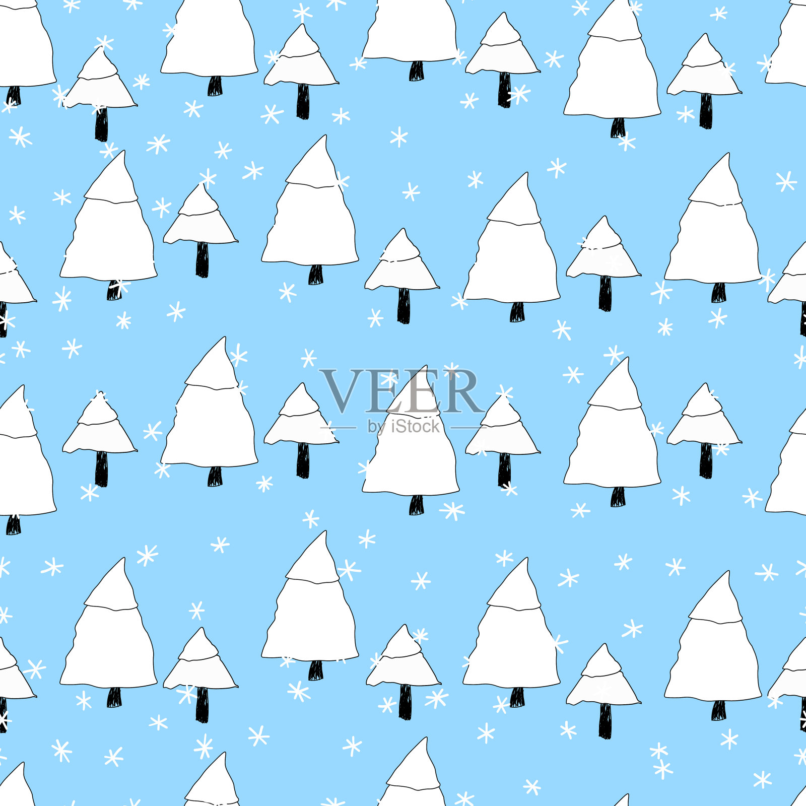 圣诞树和雪花冬季无缝图案，矢量插画，适用于织物、纺织壁纸、海报和礼品包装纸。圣诞和新年快乐矢量图插画图片素材