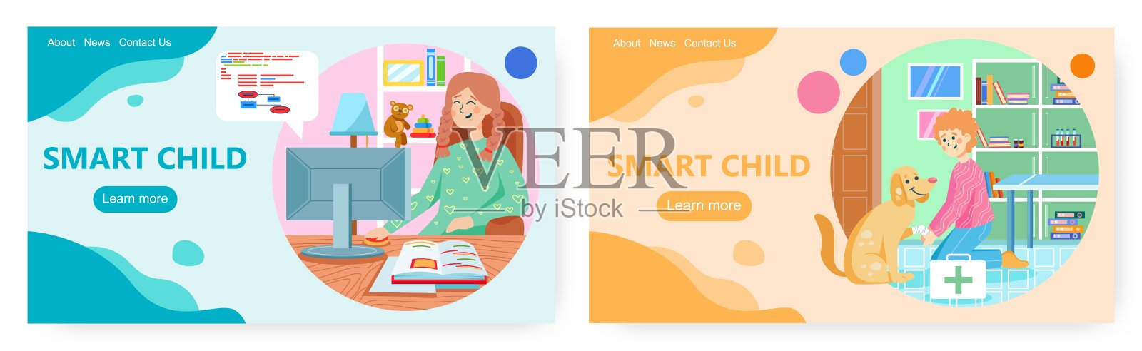 聪明的孩子登陆页面设计，网站横幅矢量模板集。插画图片素材