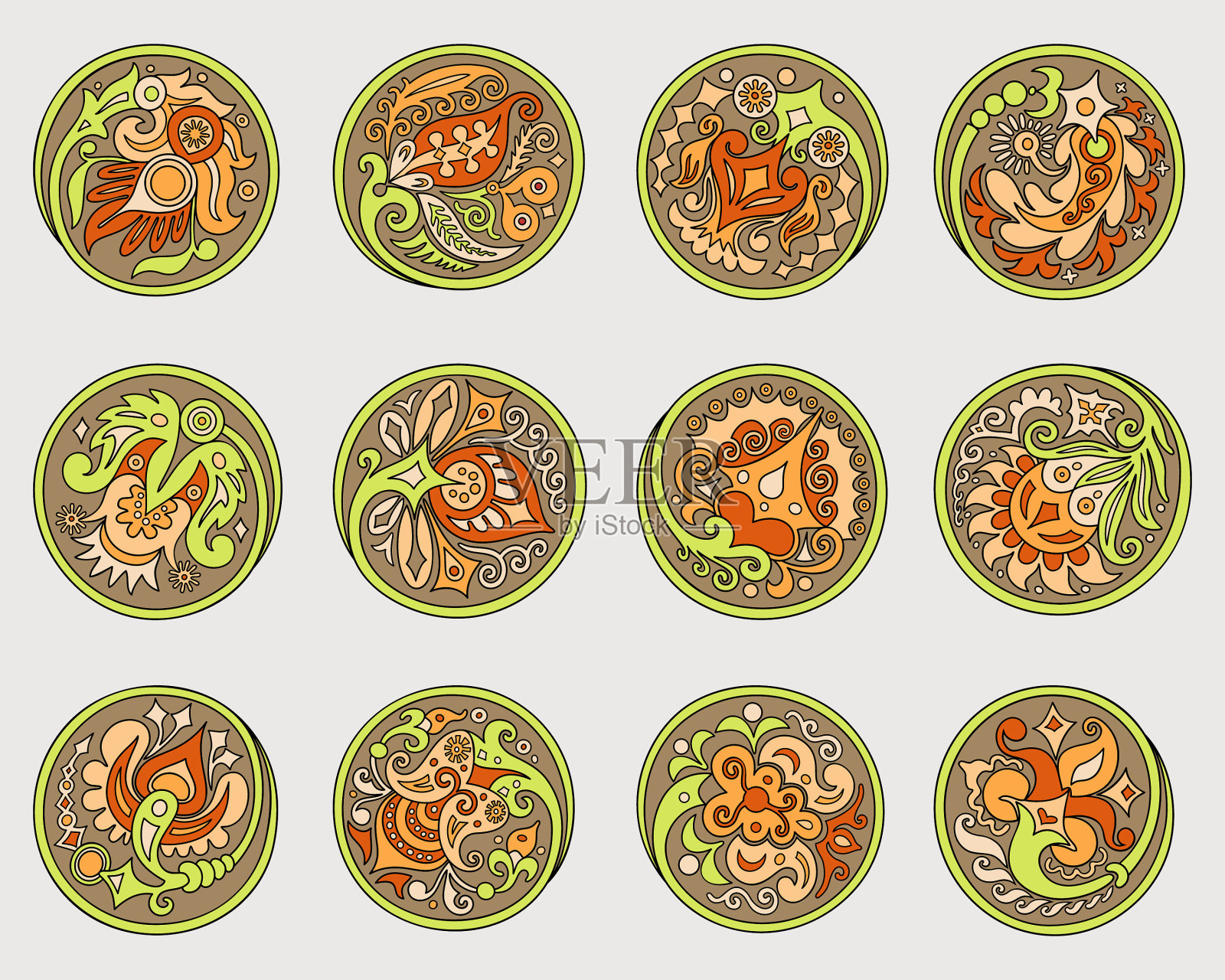 设置圆圈与民族花卉元素插画图片素材