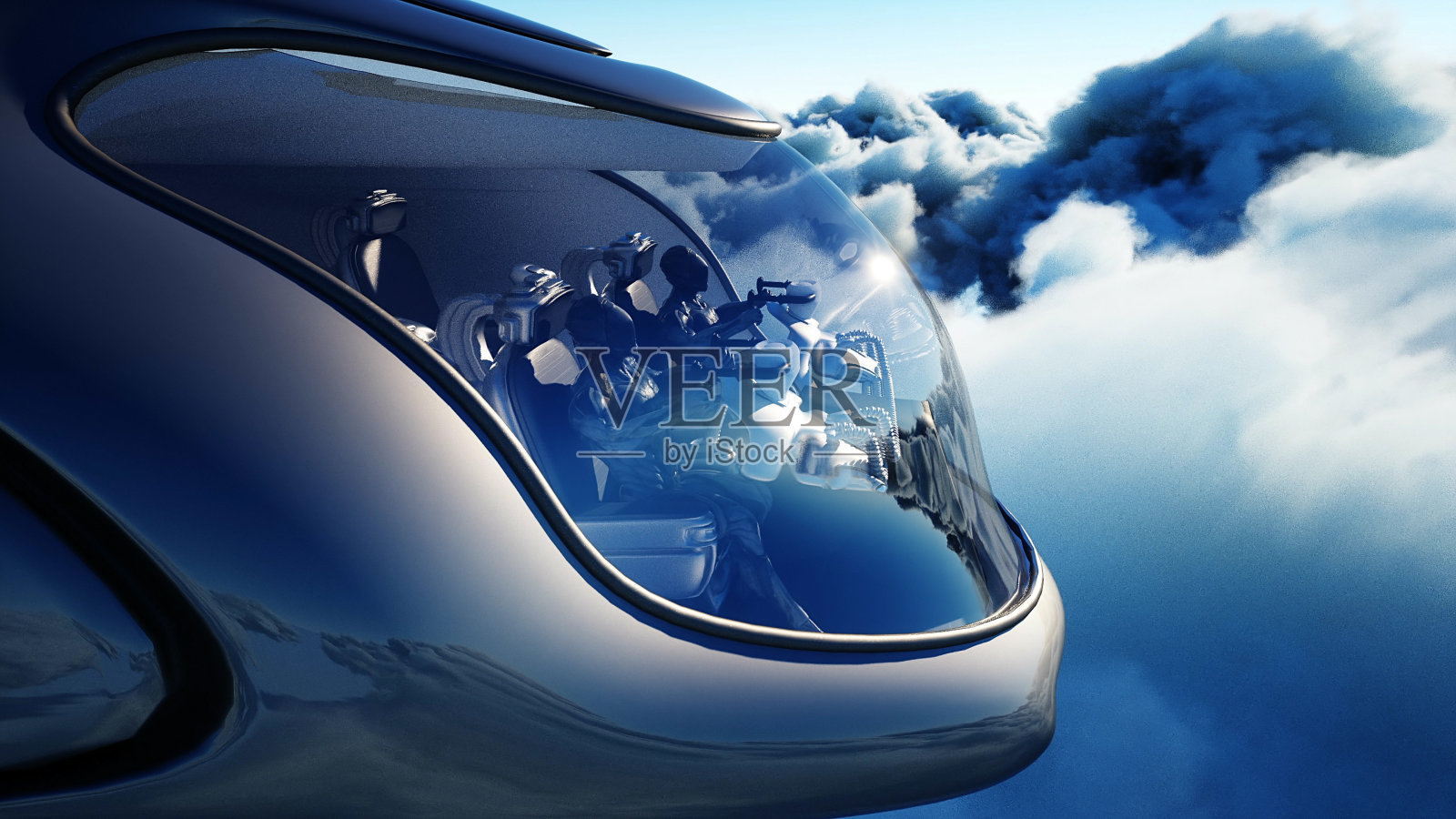 未来科幻飞船在云中飞行。3 d渲染。照片摄影图片