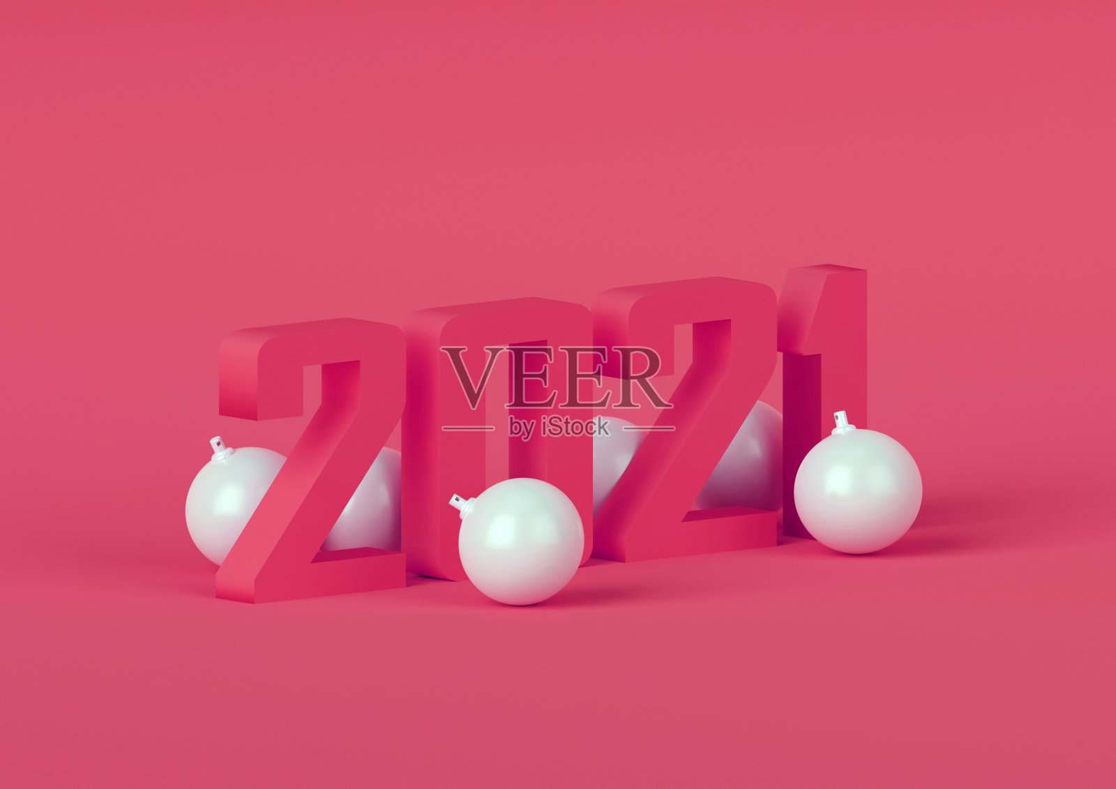数字新年2021与圣诞球在洋红色的背景，3d渲染照片摄影图片