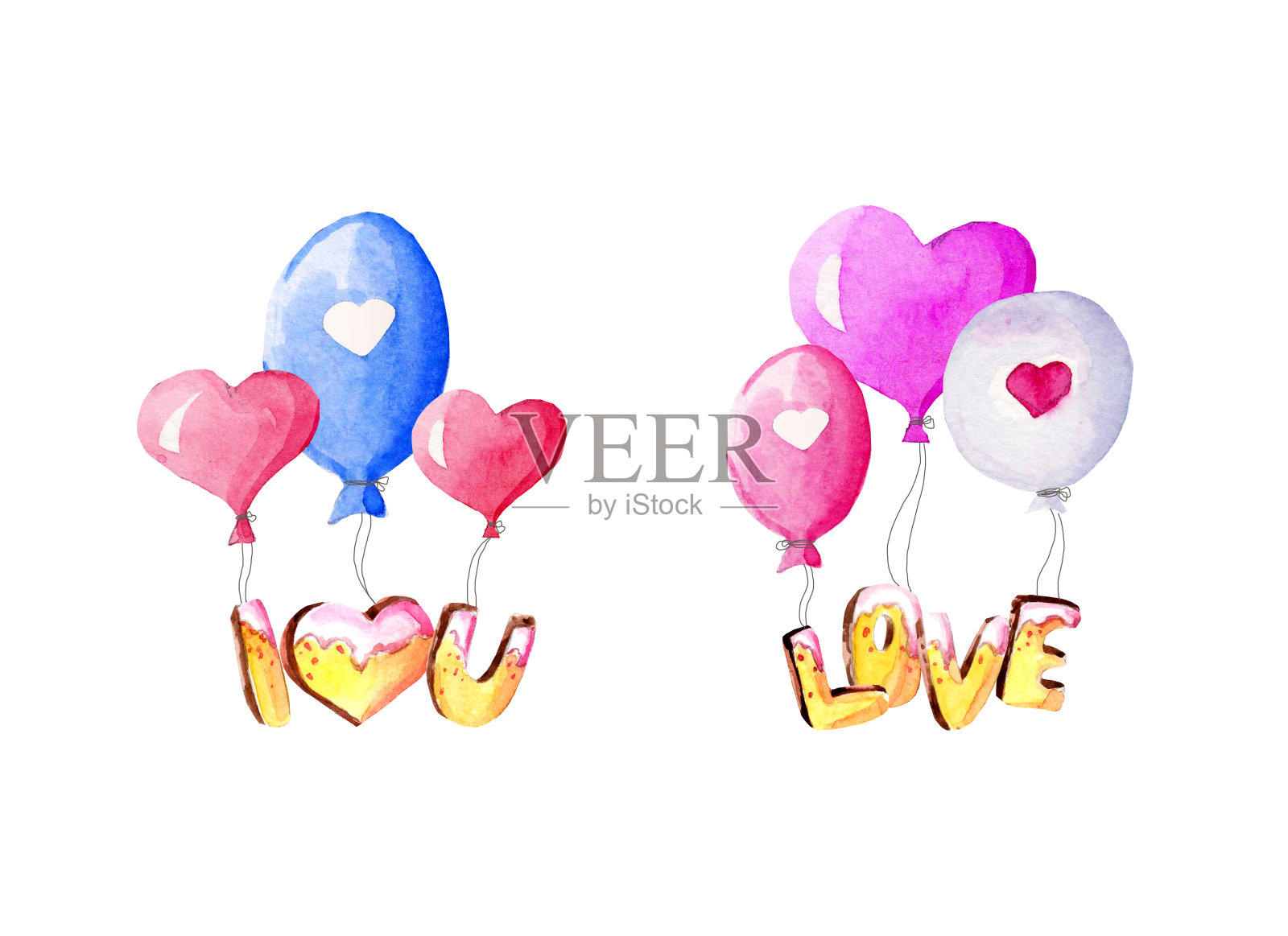 情人节的奶油蛋糕和饼干。水彩插图。糖果和心脏。插画图片素材