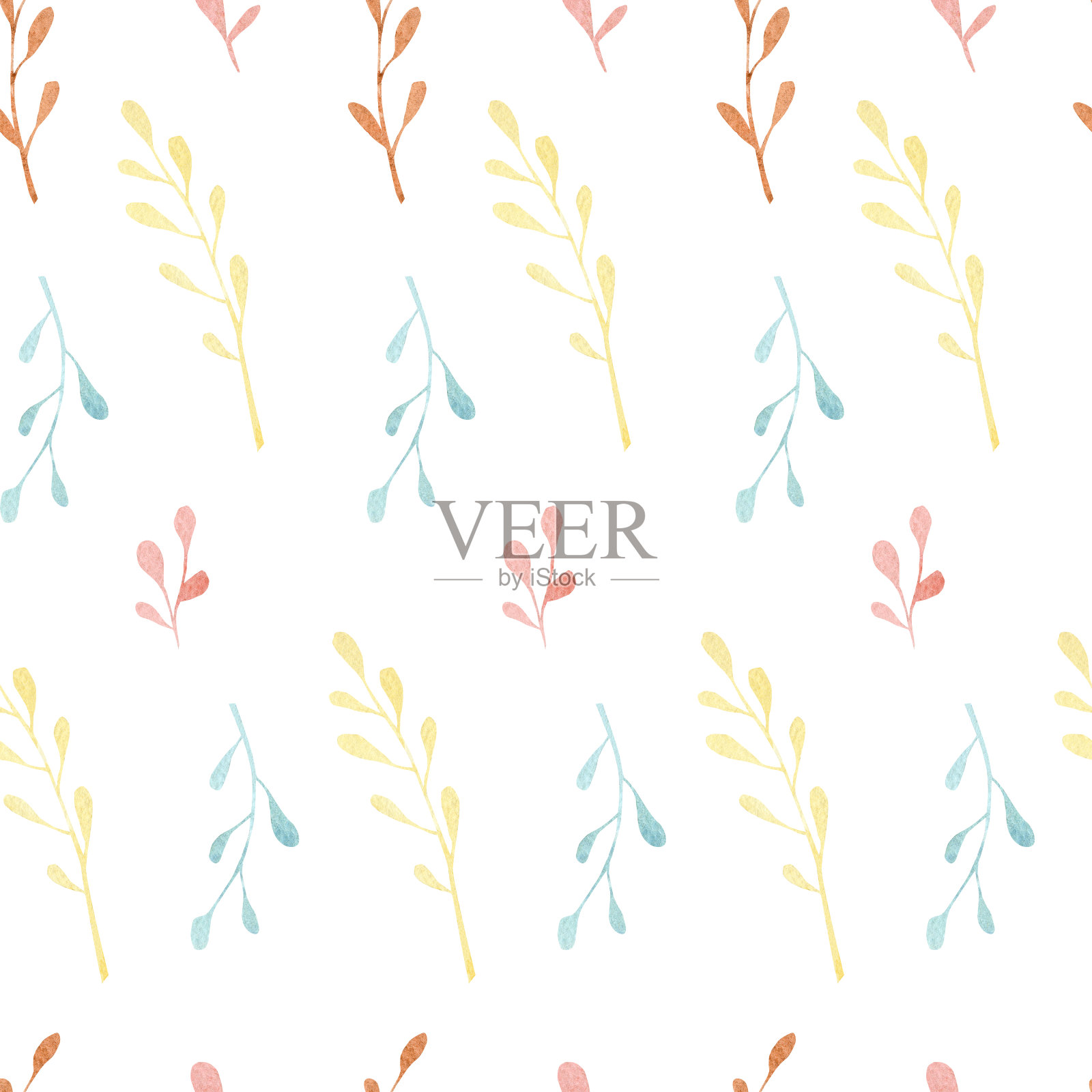 水彩花枝和叶童无缝图案。儿童苗圃植物图案，用于墙面装饰，儿童房装饰，壁纸，纺织面料。插画图片素材