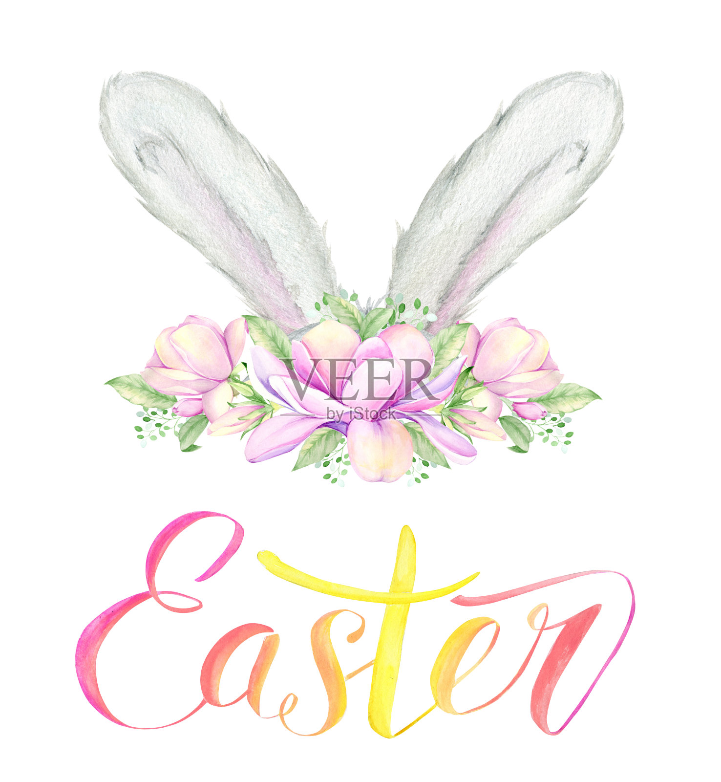 复活节兔子的耳朵，花。水彩概念，在一个孤立的背景。插画图片素材