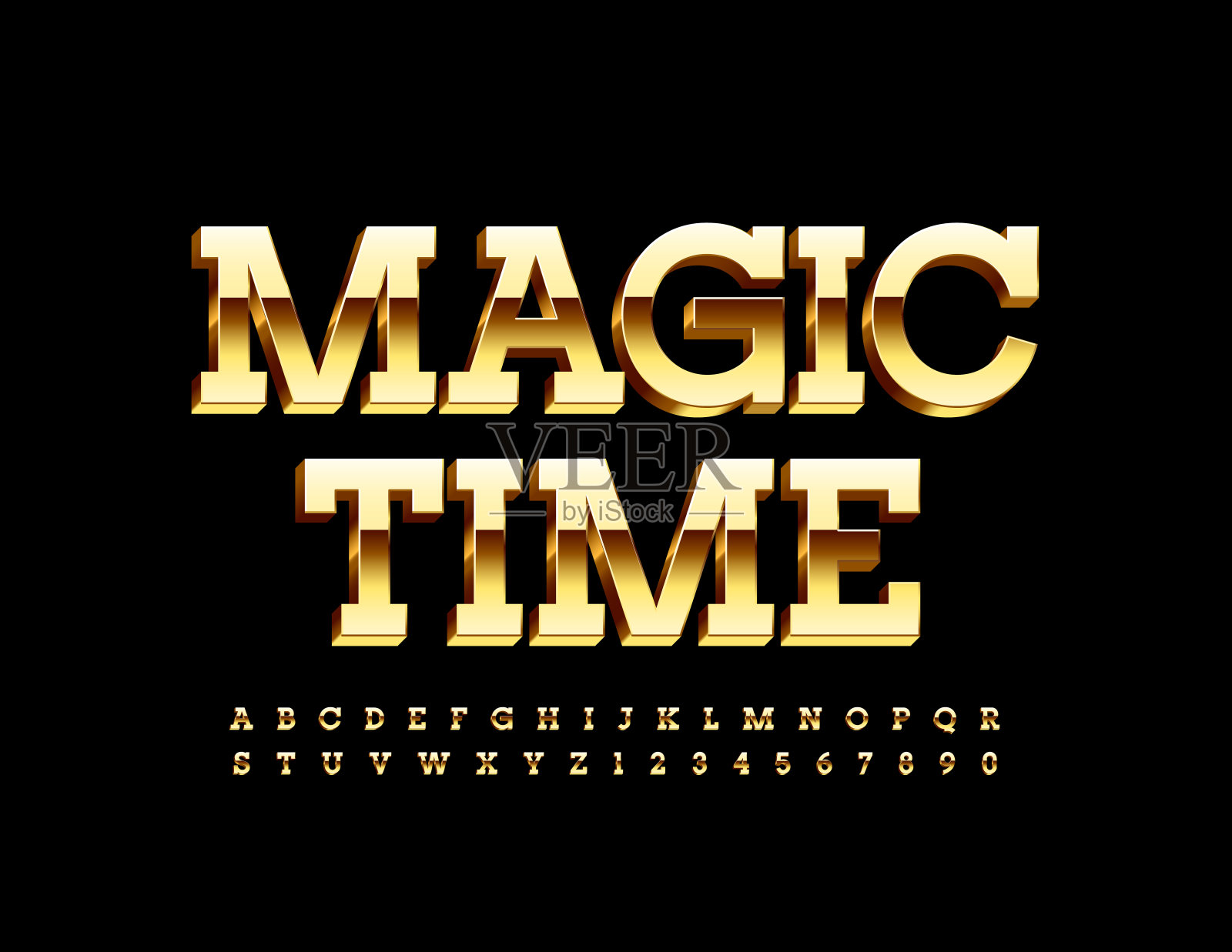 矢量美丽的旗帜魔法时间。黄金奢侈字母表字母和数字集设计元素图片