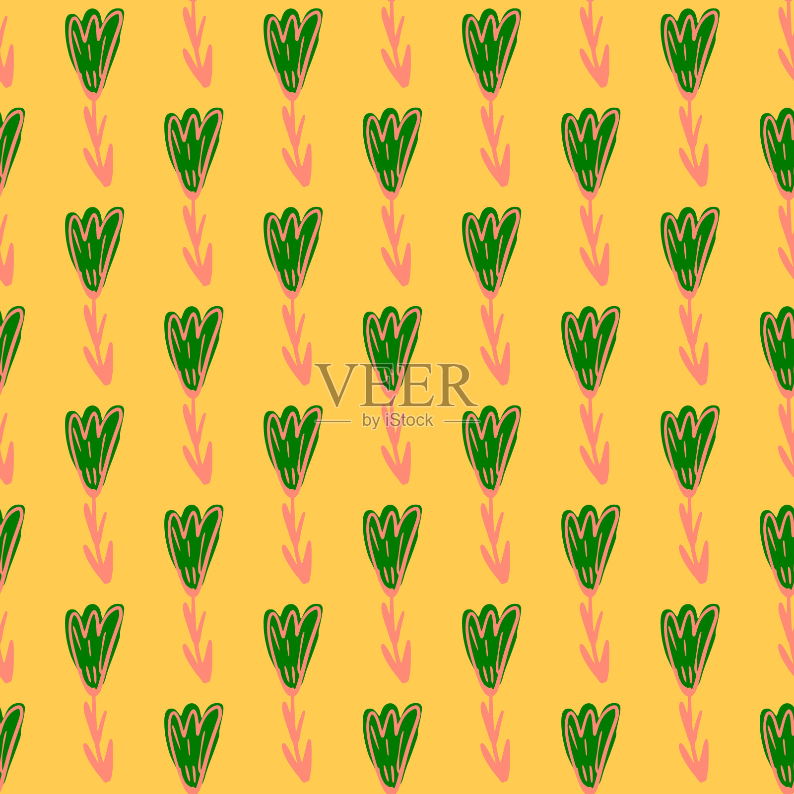 明亮的夏季无缝涂鸦图案与绿色和粉红色的郁金香印花。黄色背景。插画图片素材