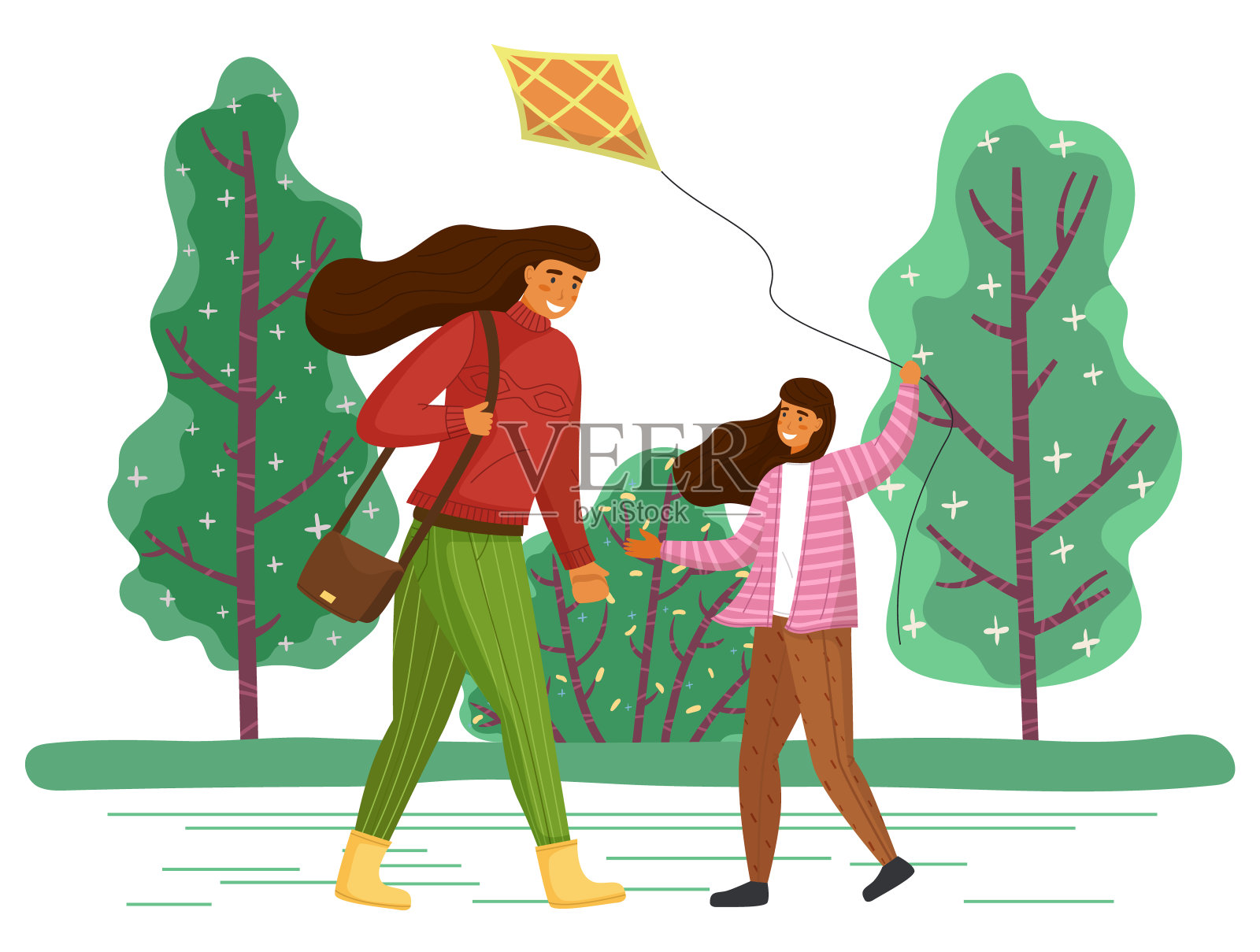 漂亮的女孩在公园里和妈妈一起放风筝，休闲或活动，童年插画图片素材