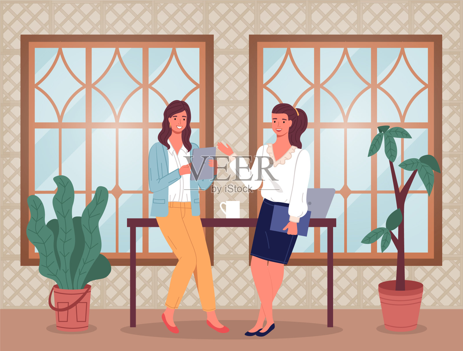 在办公室开会，同事们微笑着在工作中交流，在休息时交谈插画图片素材