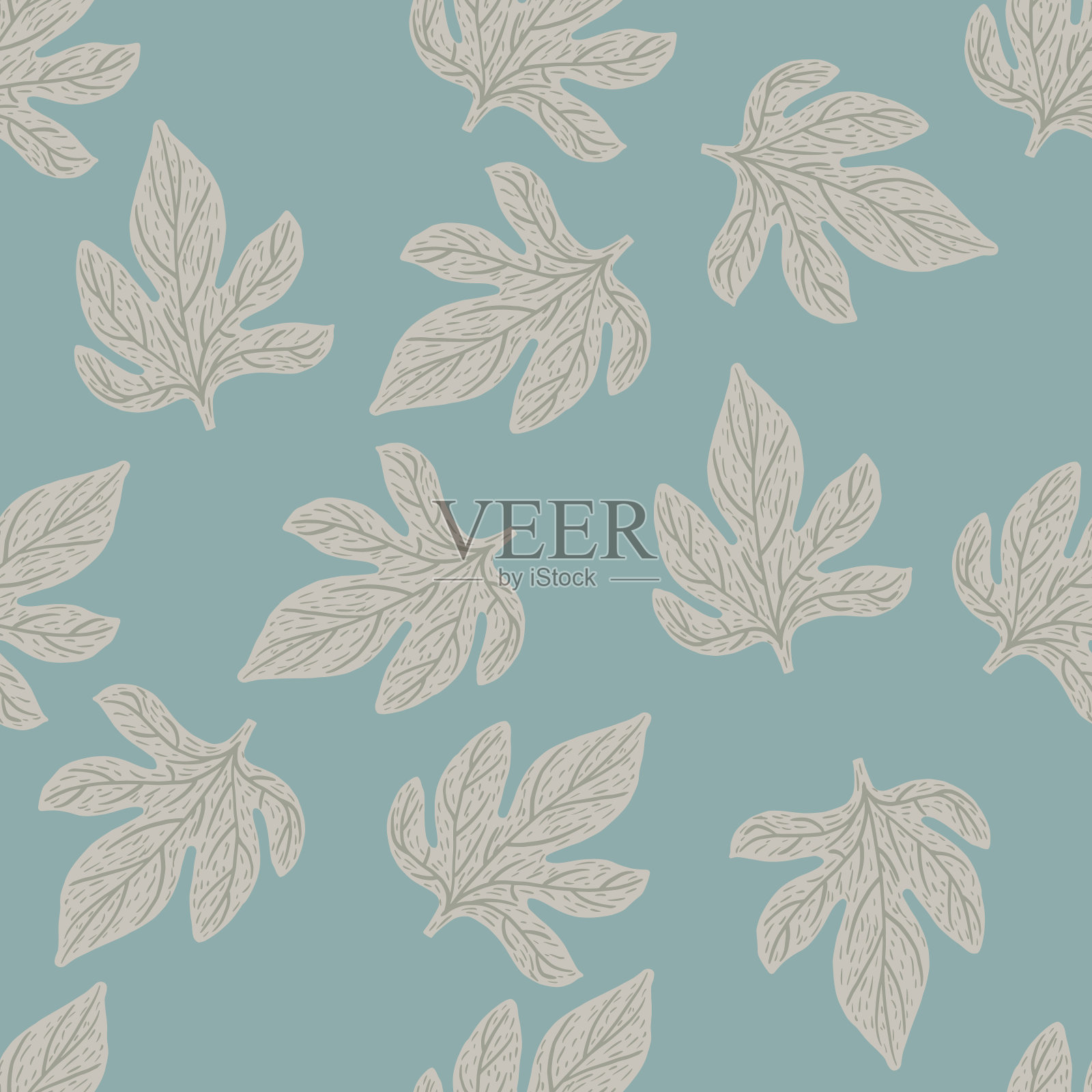 自然无缝涂鸦图案与手绘灰色轮廓叶装饰。蓝色背景。插画图片素材