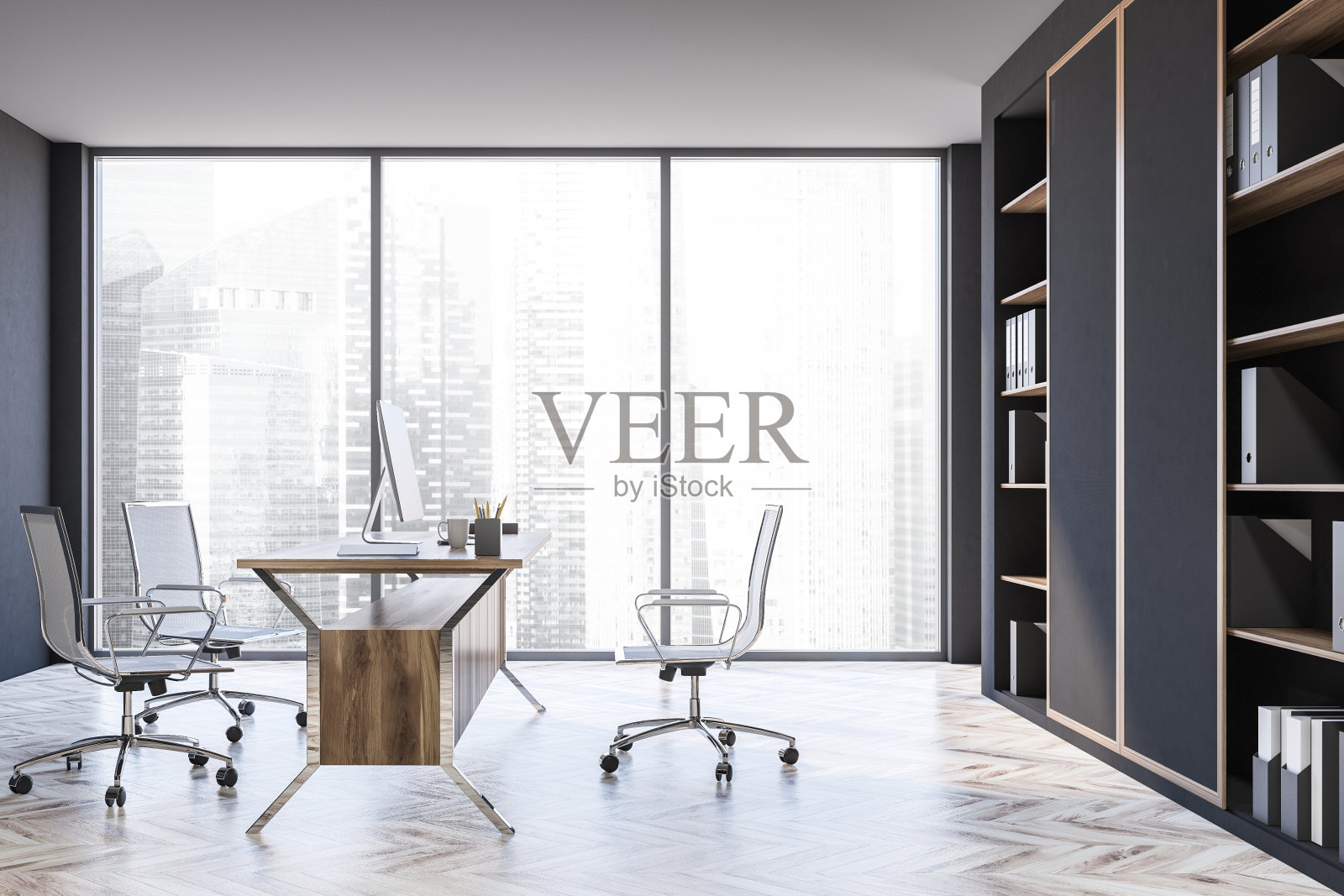 现代灰色CEO办公室，侧视图照片摄影图片