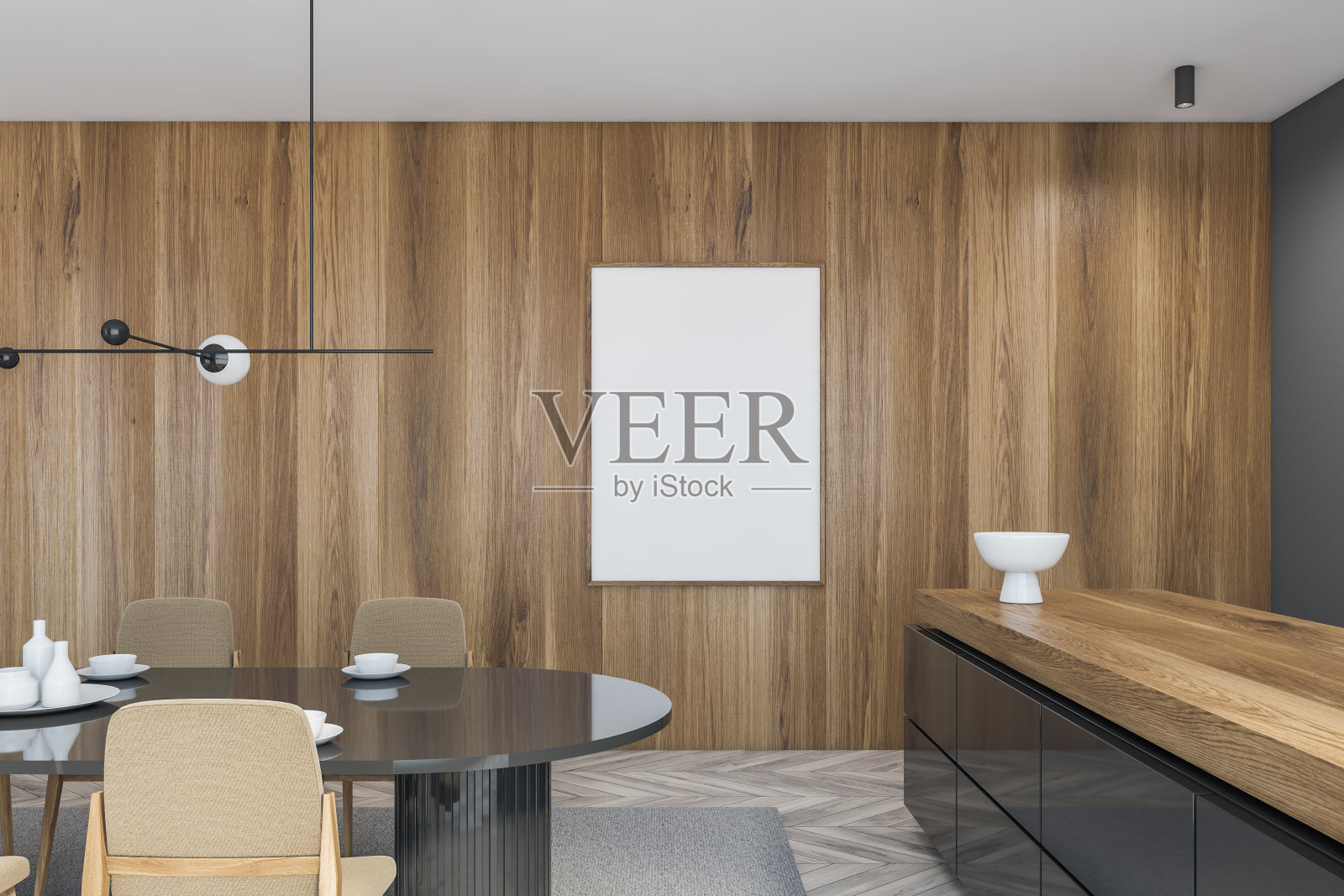 模型帆布在灰色木质餐厅与柜台，椭圆形桌子与椅子照片摄影图片