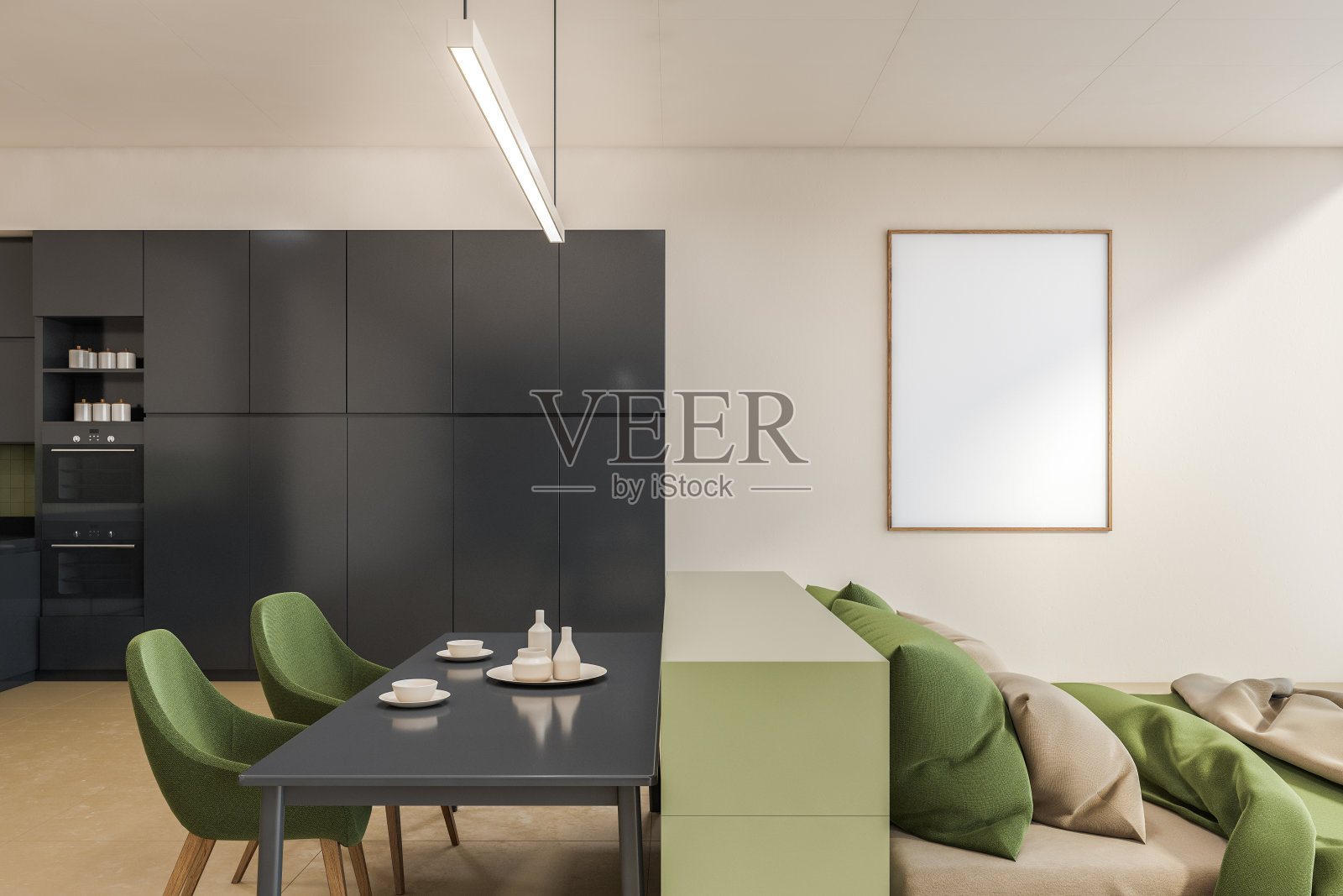 现代客厅工作室与模型空白框架，绿色床和厨房区照片摄影图片