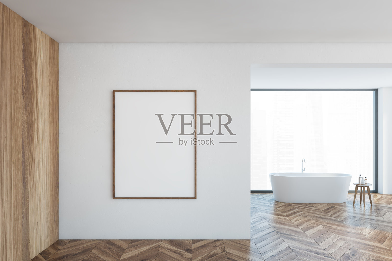 在浴室的白色墙壁上的模型帆布框架与白色的浴缸和窗户照片摄影图片