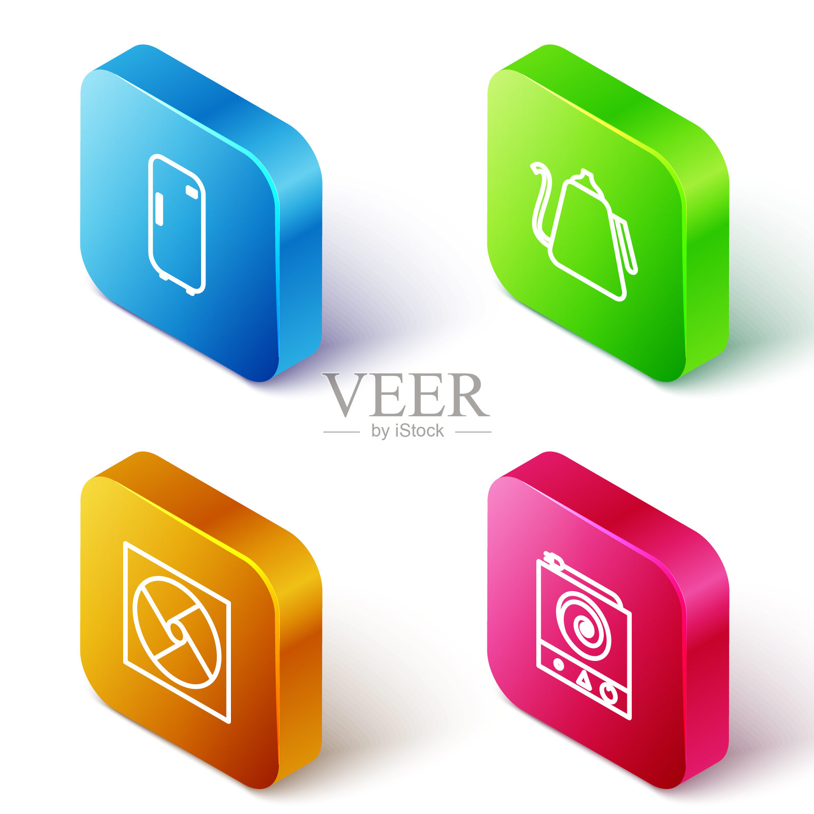 设置冰箱、带手柄水壶、通风设备和电炉图标。向量图标素材