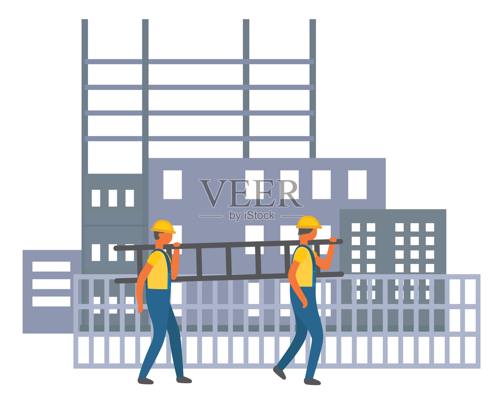 建筑工地，两名建筑工行走，在围栏附近抬着梯子，工人戴着防护头盔插画图片素材