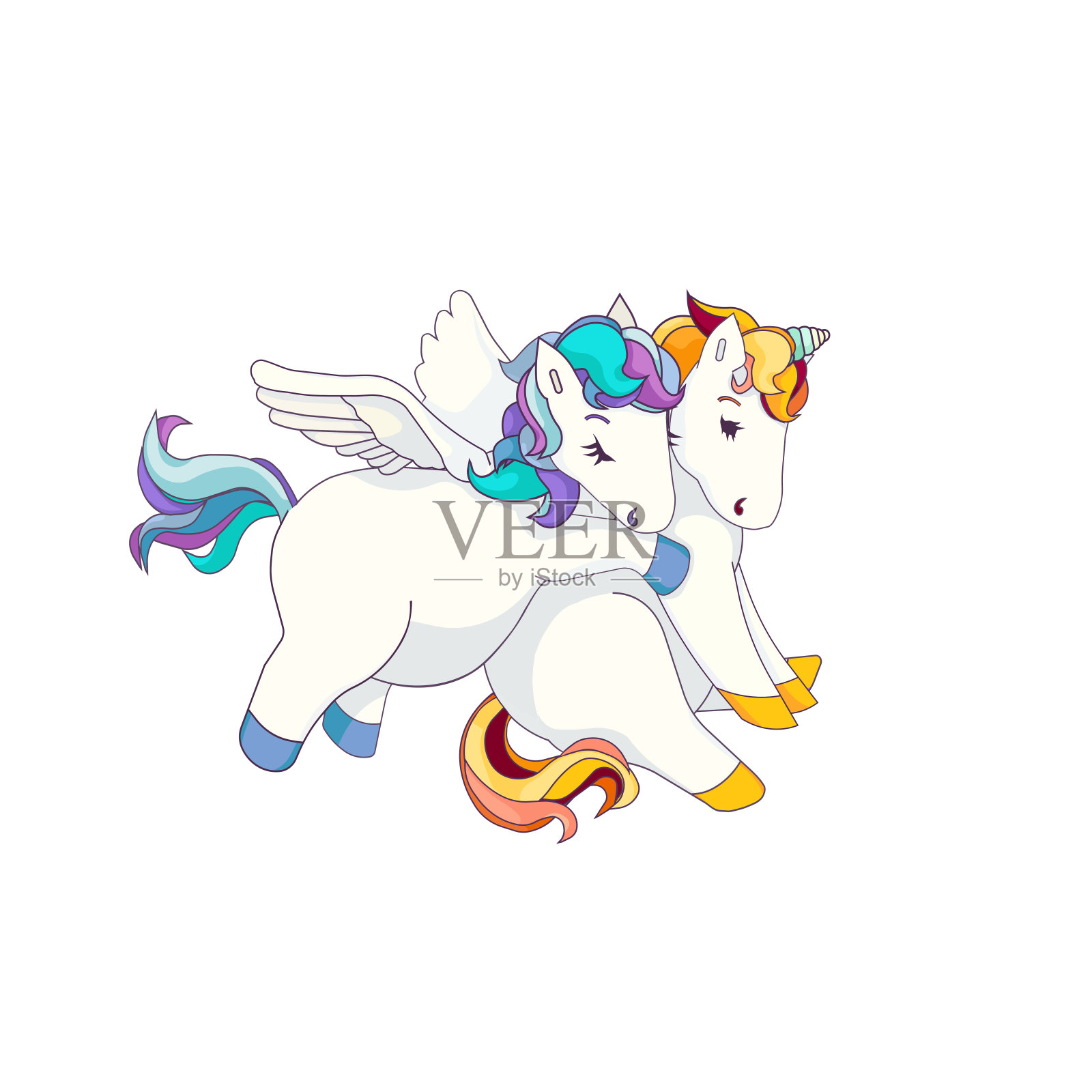 可爱的飞马拥抱悲伤的独角兽，孤立的飞马和独角兽在白色孤立的背景，矢量独角兽和飞马在卡通风格，爱情的概念，友谊，情人节和童话故事。插画图片素材