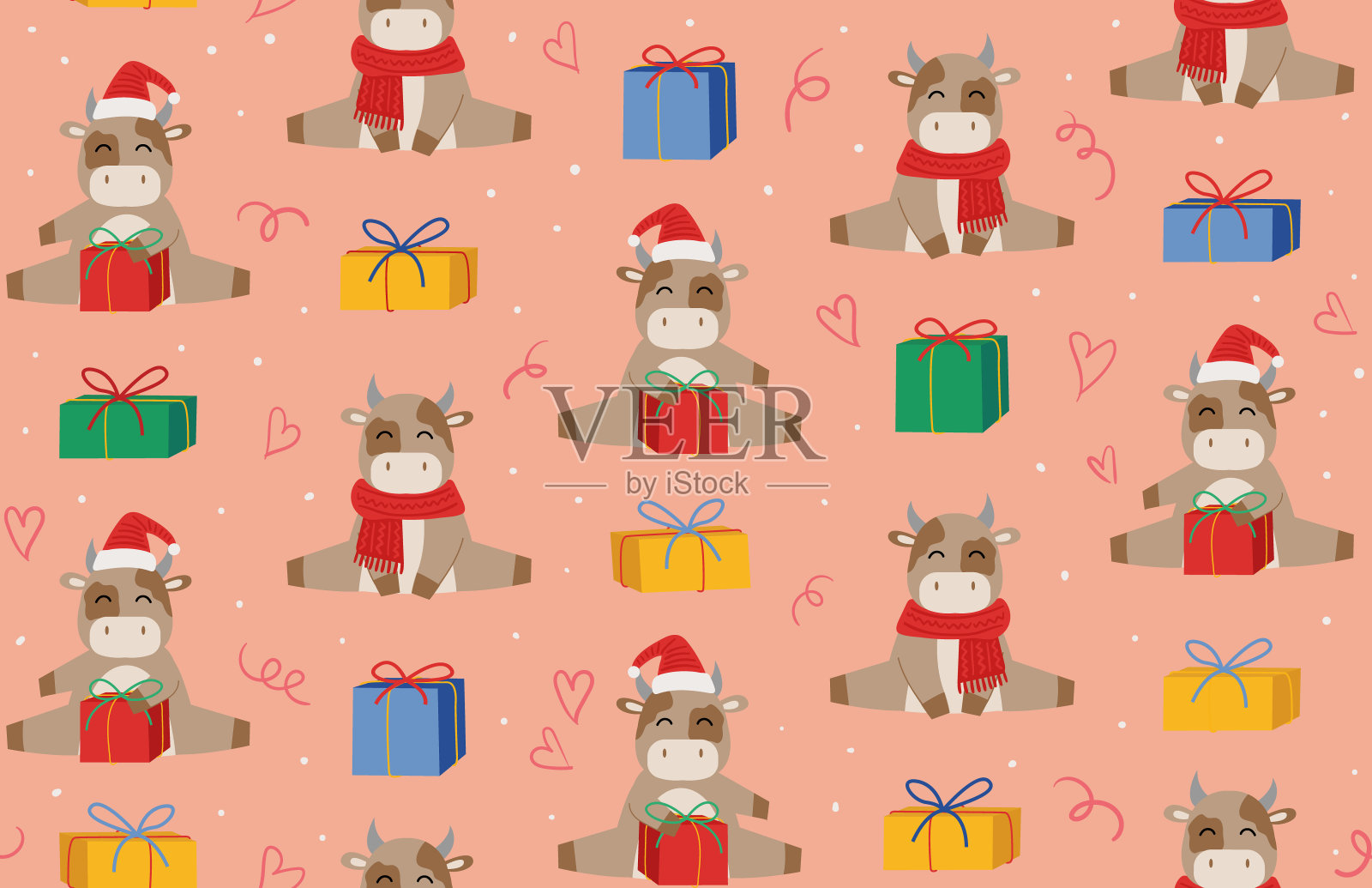 图案与公牛，礼盒和心。插画图片素材