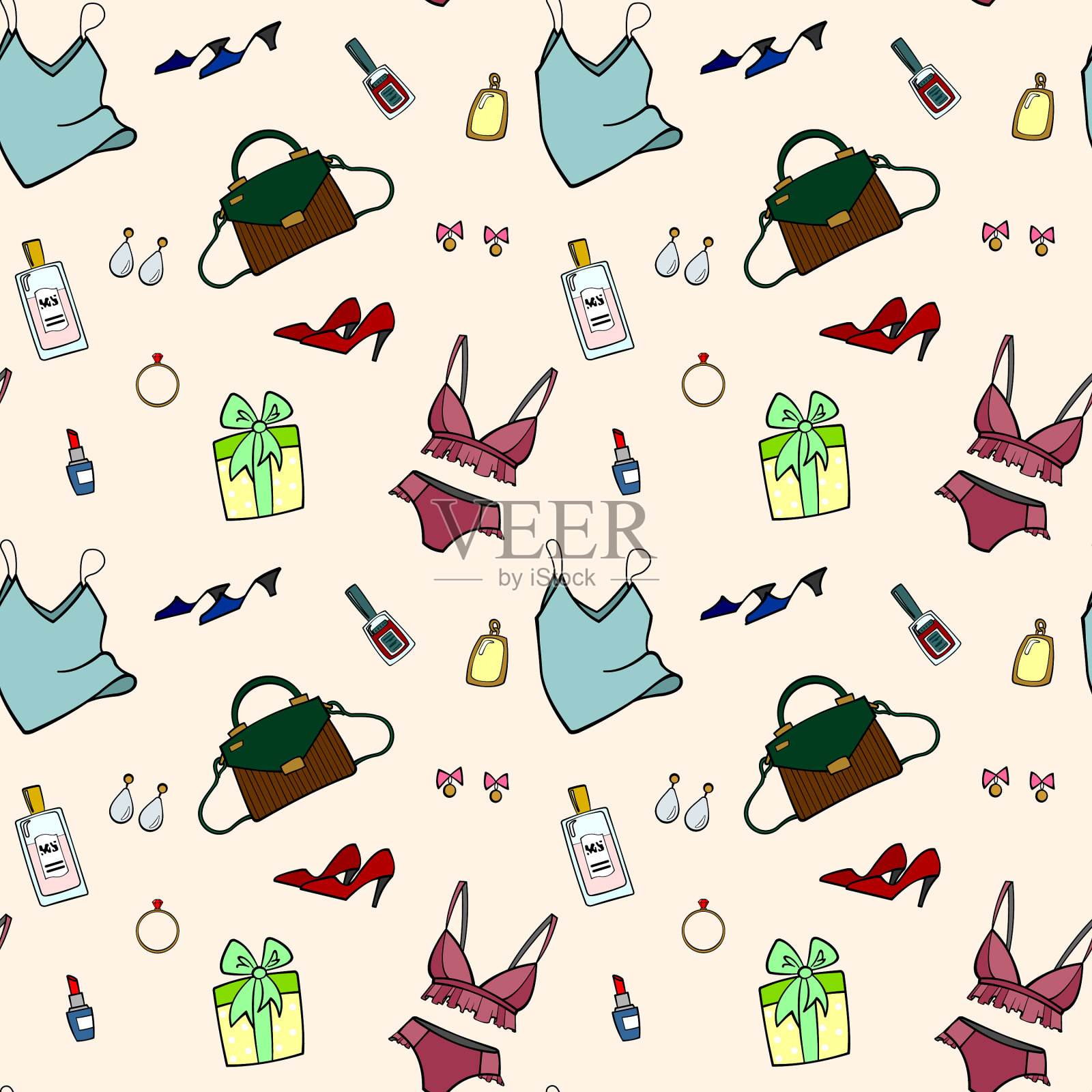 无缝模式的女性东西顶部与肩带插画图片素材