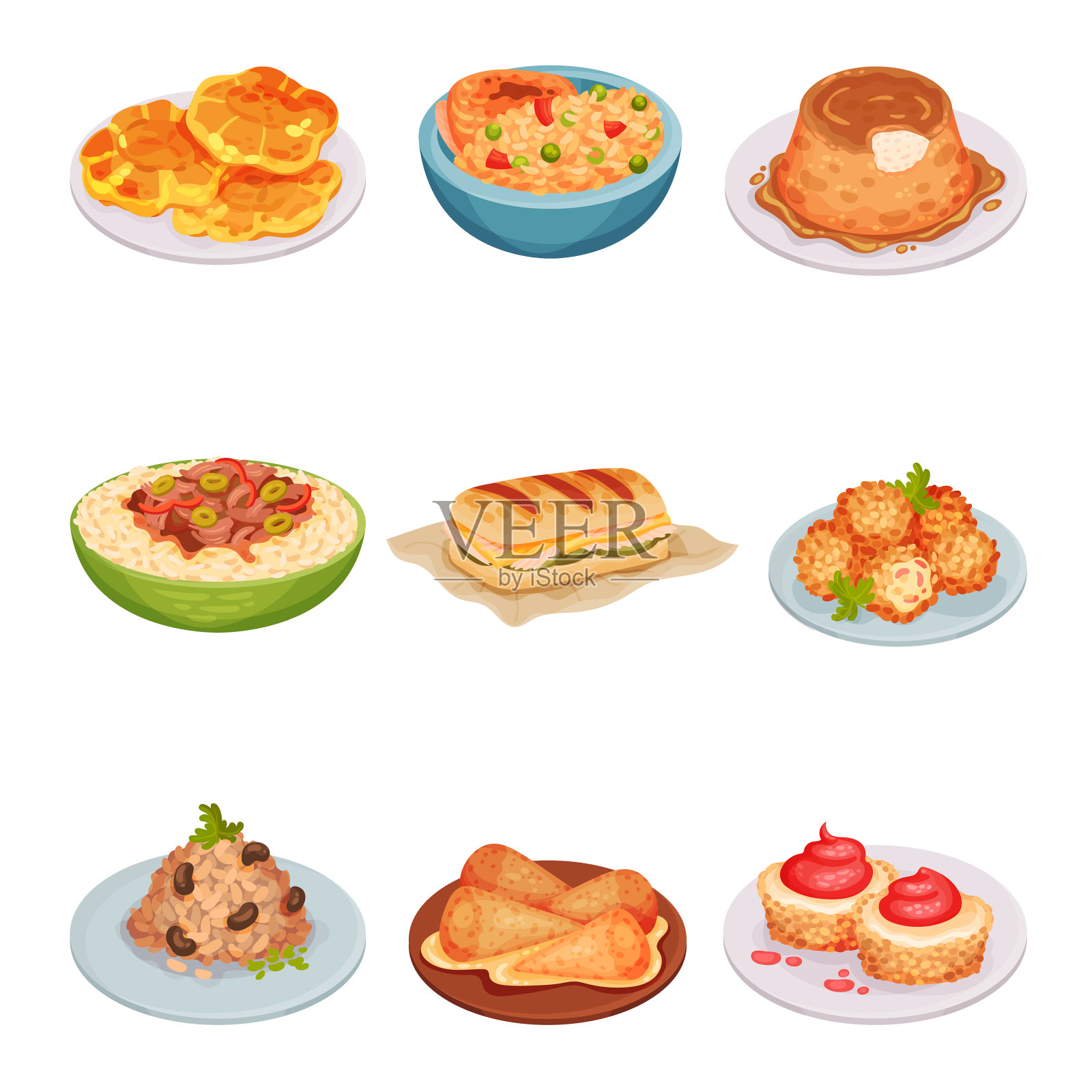 古巴食物，配布丁和烤猪肉三明治插画图片素材