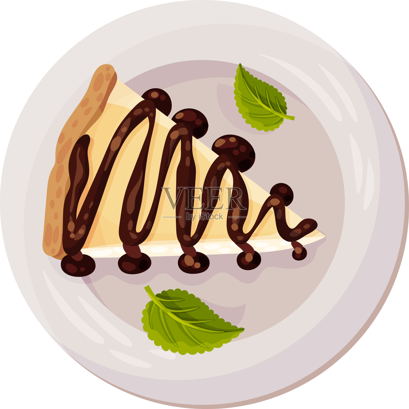 芝士蛋糕加上巧克力和薄荷叶插画图片素材